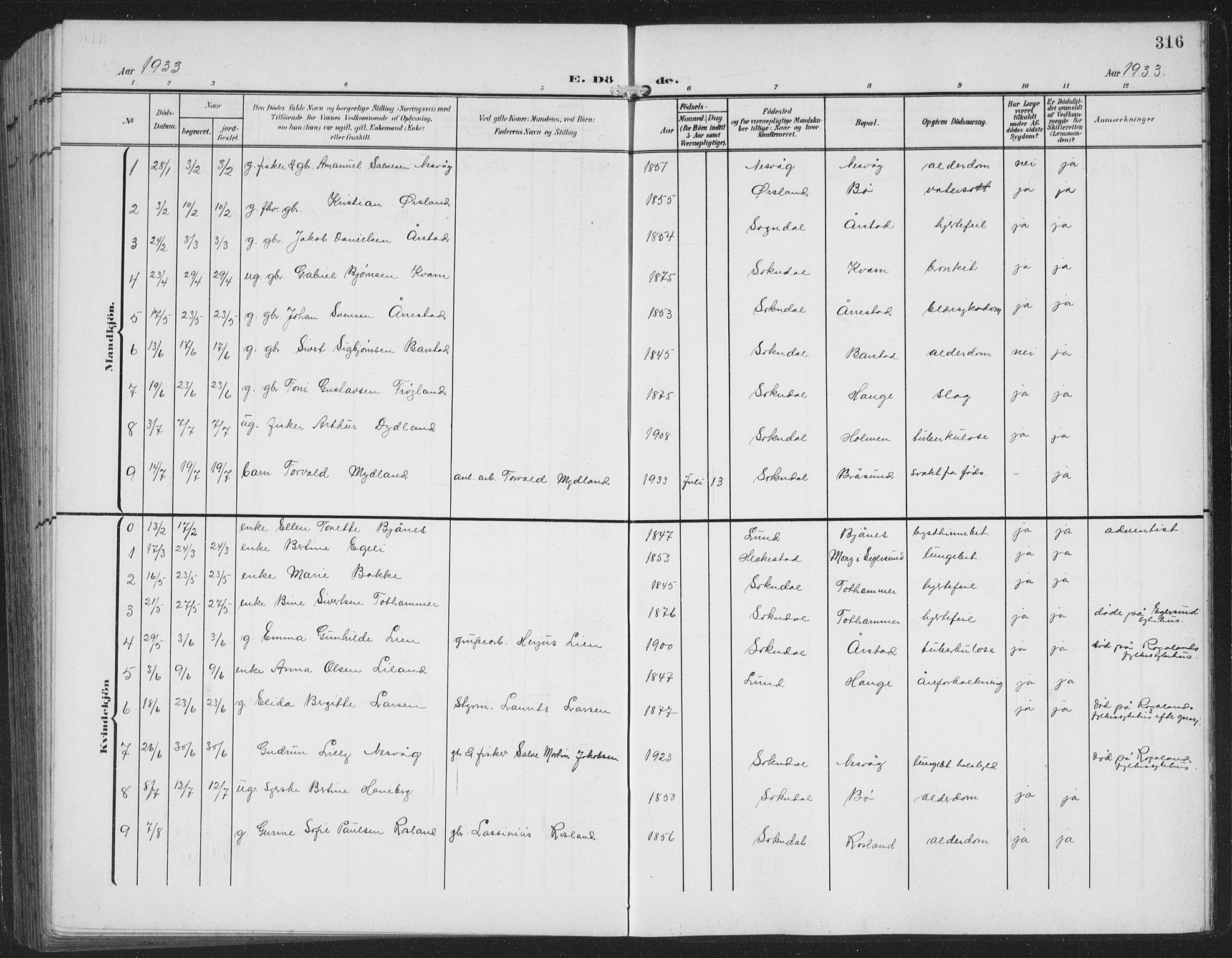 Sokndal sokneprestkontor, AV/SAST-A-101808: Parish register (copy) no. B 8, 1908-1934, p. 316