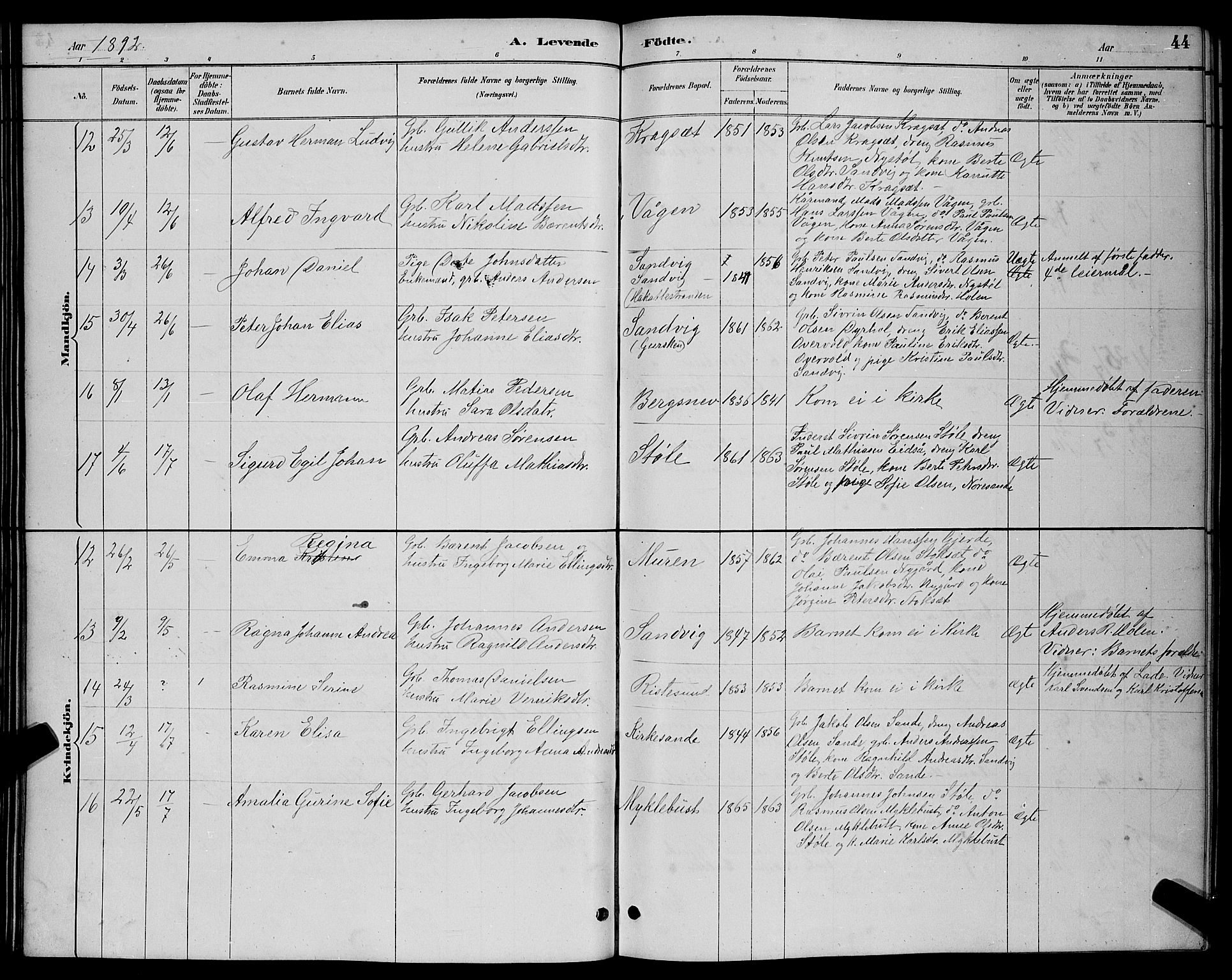 Ministerialprotokoller, klokkerbøker og fødselsregistre - Møre og Romsdal, AV/SAT-A-1454/503/L0048: Parish register (copy) no. 503C03, 1885-1893, p. 44