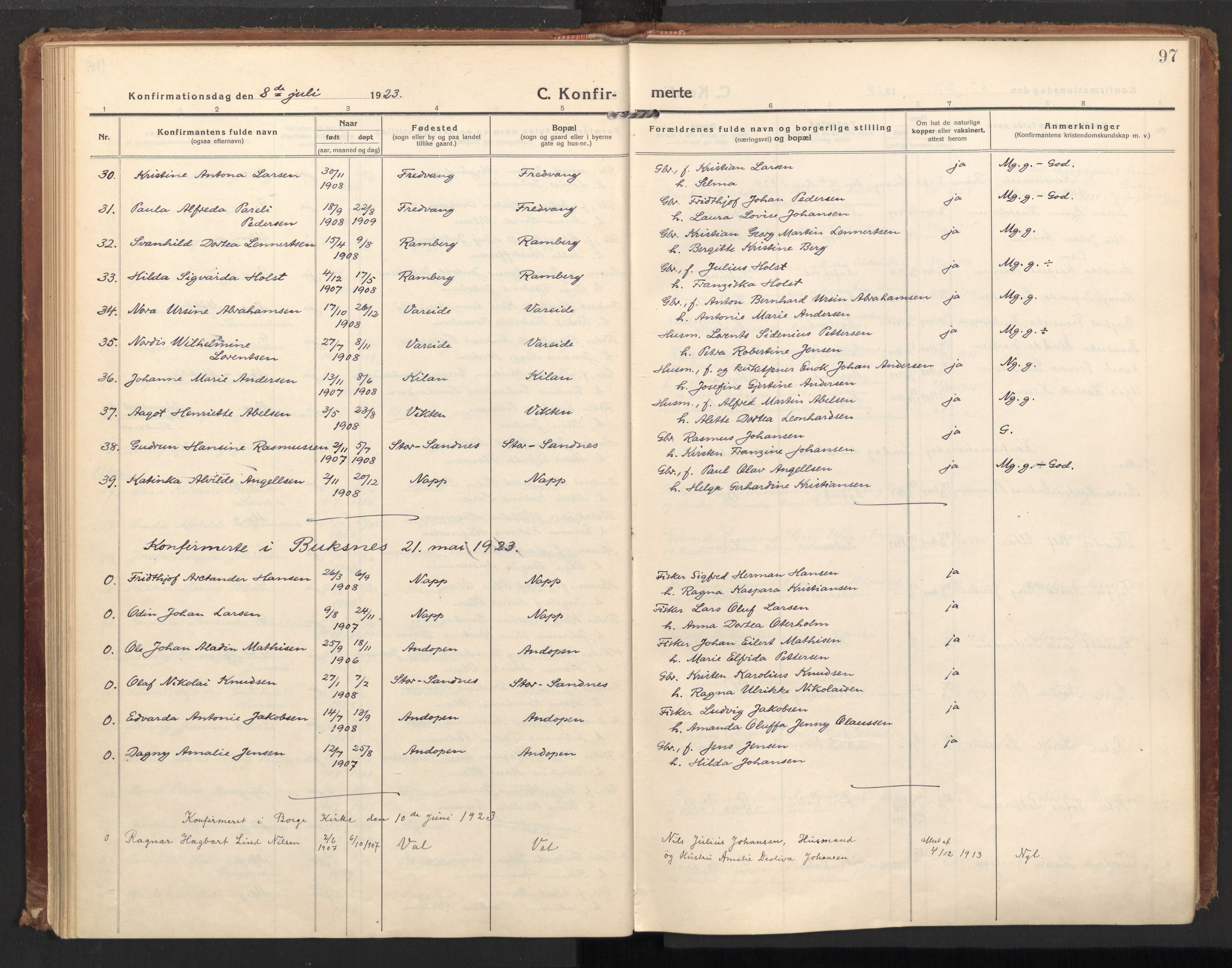 Ministerialprotokoller, klokkerbøker og fødselsregistre - Nordland, AV/SAT-A-1459/885/L1210: Parish register (official) no. 885A10, 1916-1926, p. 97