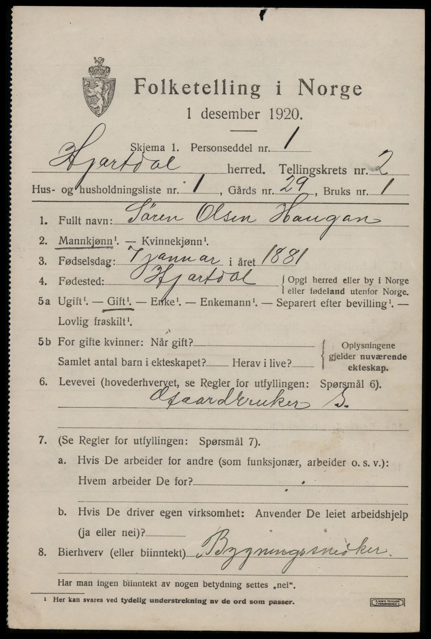 SAKO, 1920 census for Hjartdal, 1920, p. 1830