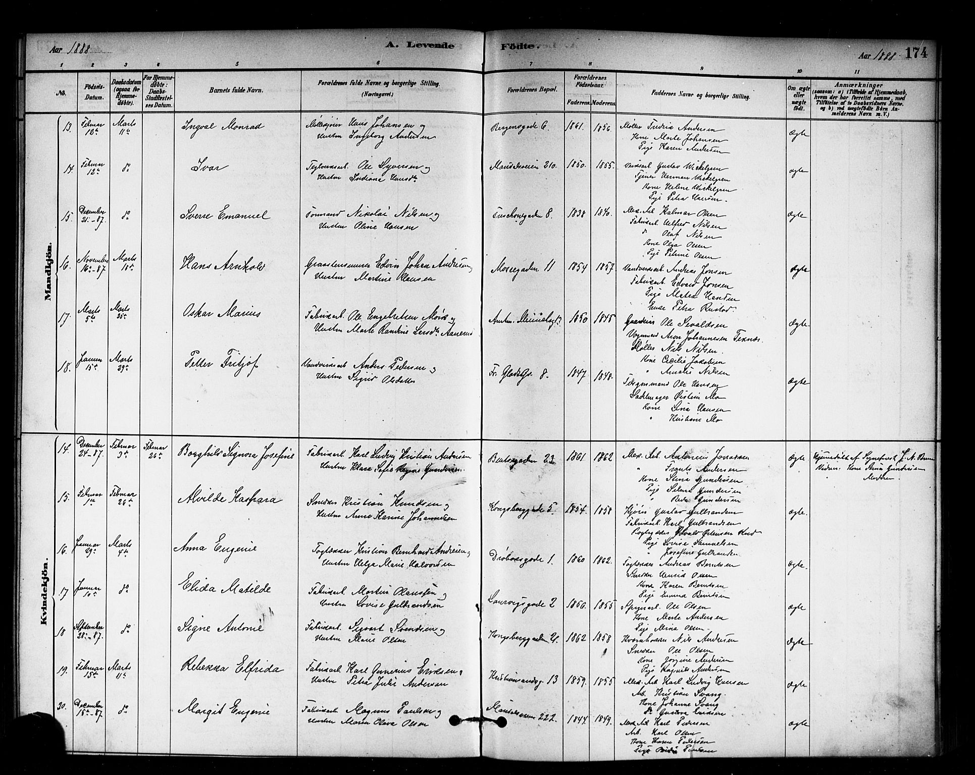 Sagene prestekontor Kirkebøker, AV/SAO-A-10796/G/L0001: Parish register (copy) no. 1, 1880-1891, p. 174