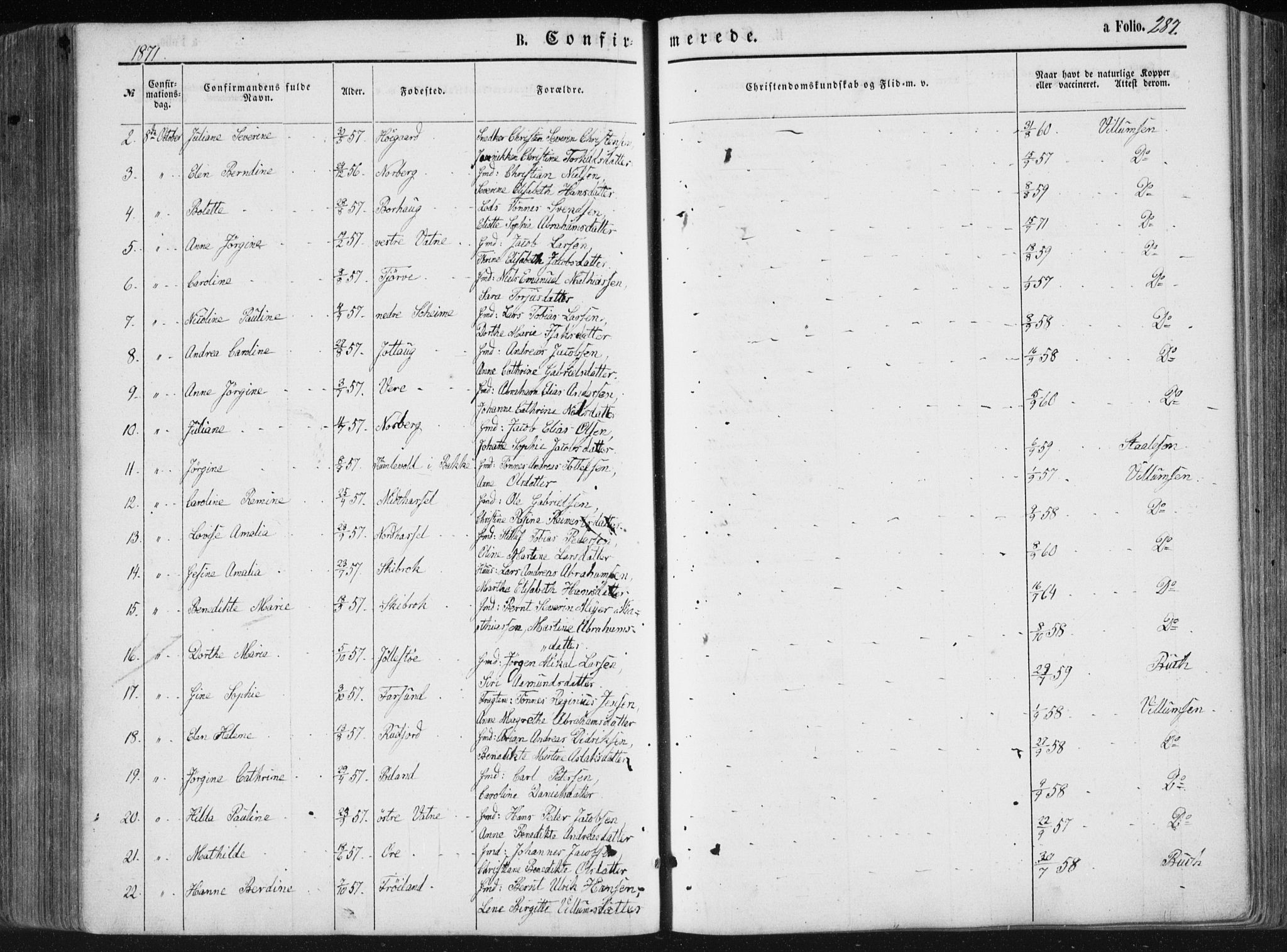 Lista sokneprestkontor, AV/SAK-1111-0027/F/Fa/L0011: Parish register (official) no. A 11, 1861-1878, p. 287