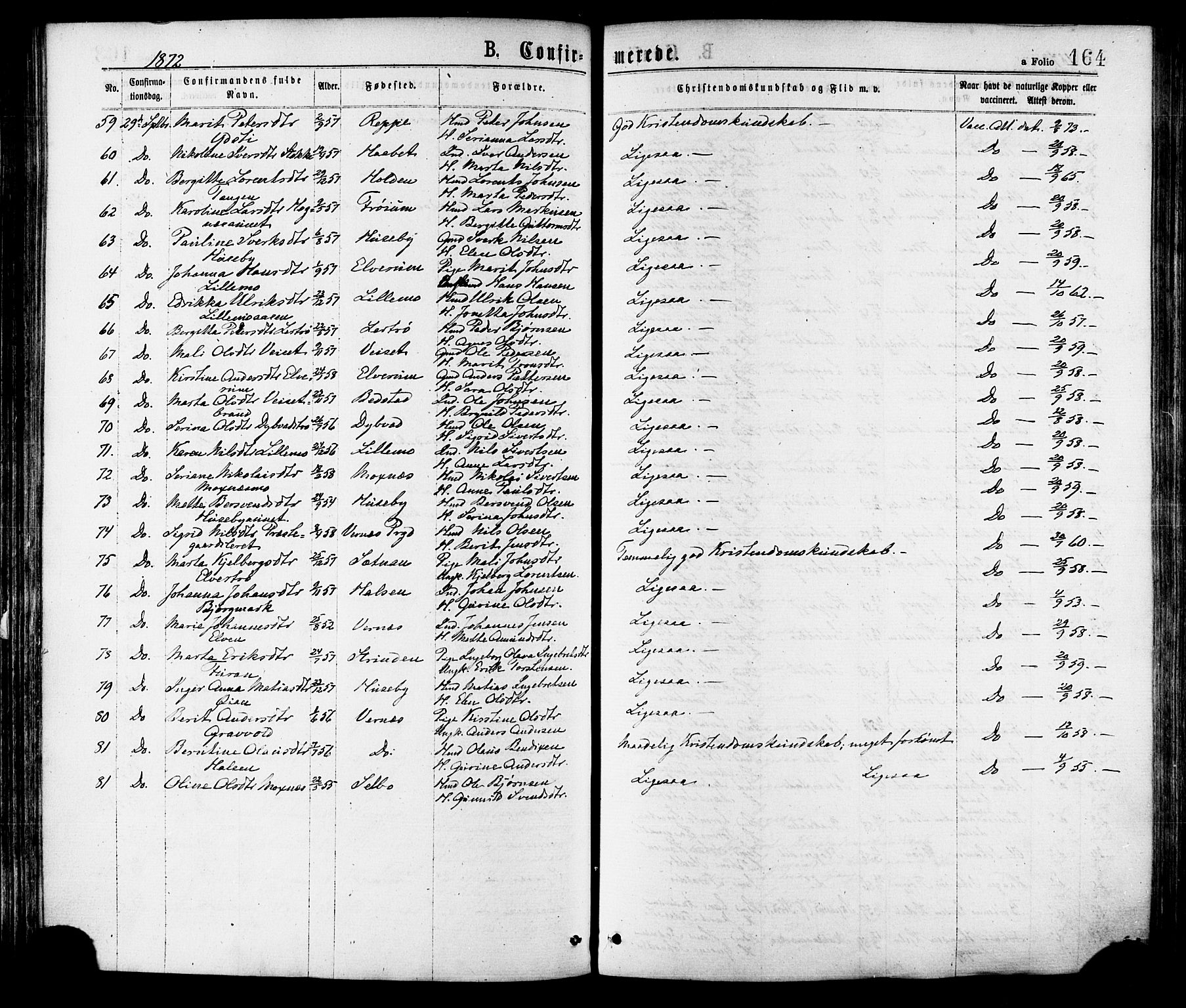 Ministerialprotokoller, klokkerbøker og fødselsregistre - Nord-Trøndelag, AV/SAT-A-1458/709/L0076: Parish register (official) no. 709A16, 1871-1879, p. 164