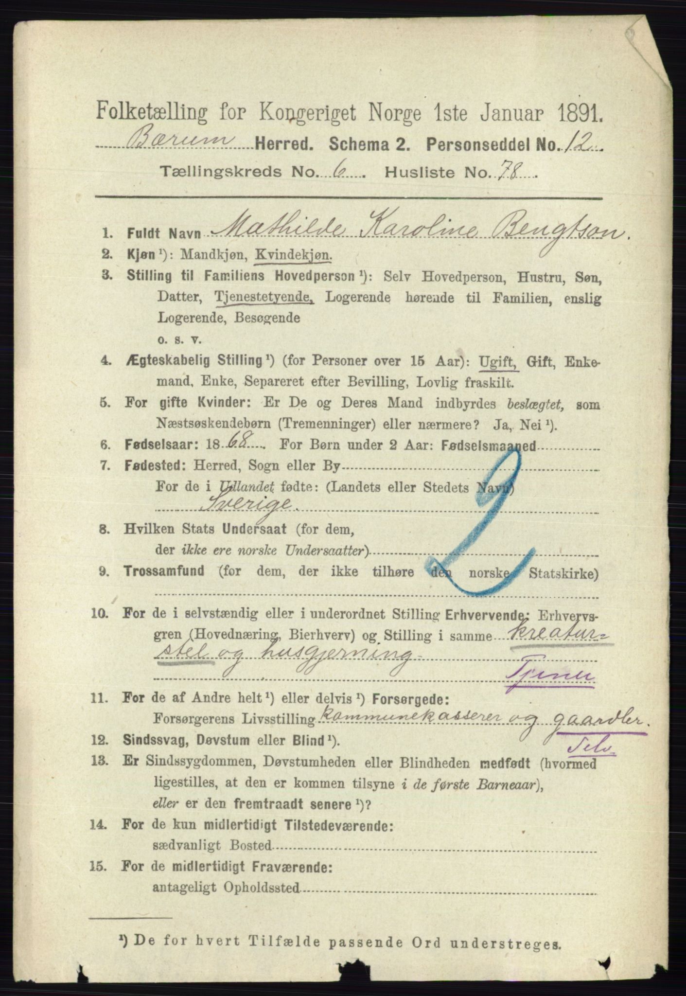 RA, 1891 census for 0219 Bærum, 1891, p. 4035