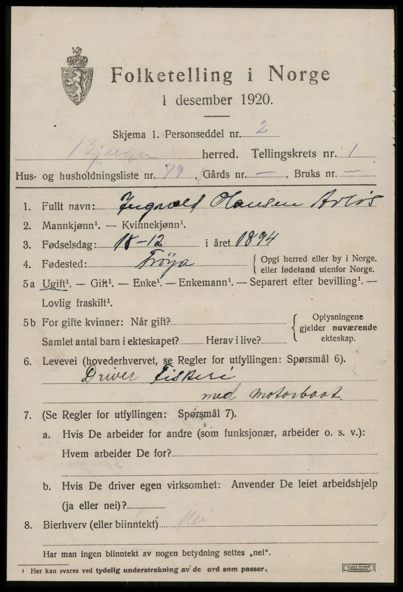 SAT, 1920 census for Bjugn, 1920, p. 1279