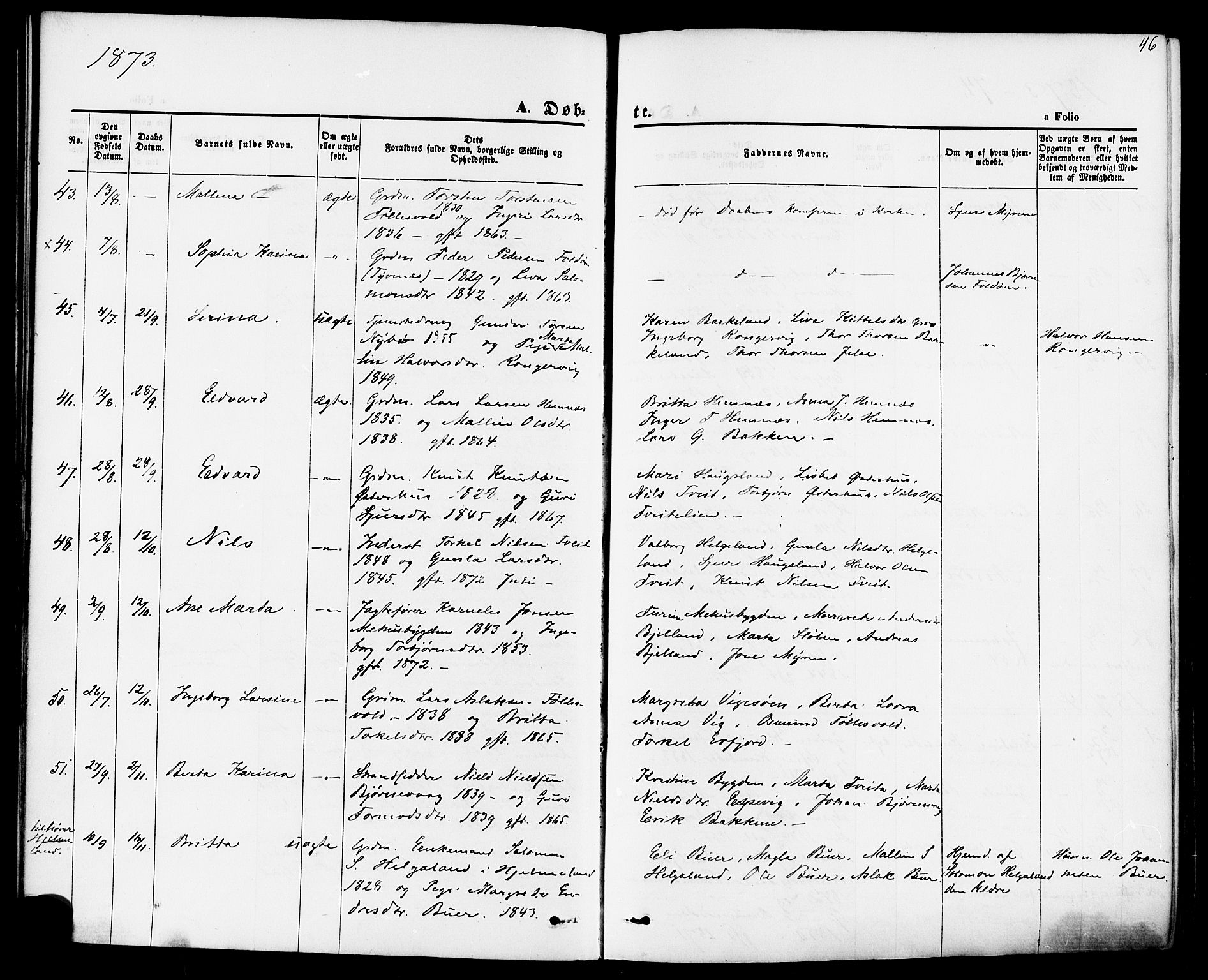 Jelsa sokneprestkontor, AV/SAST-A-101842/01/IV: Parish register (official) no. A 8, 1867-1883, p. 46