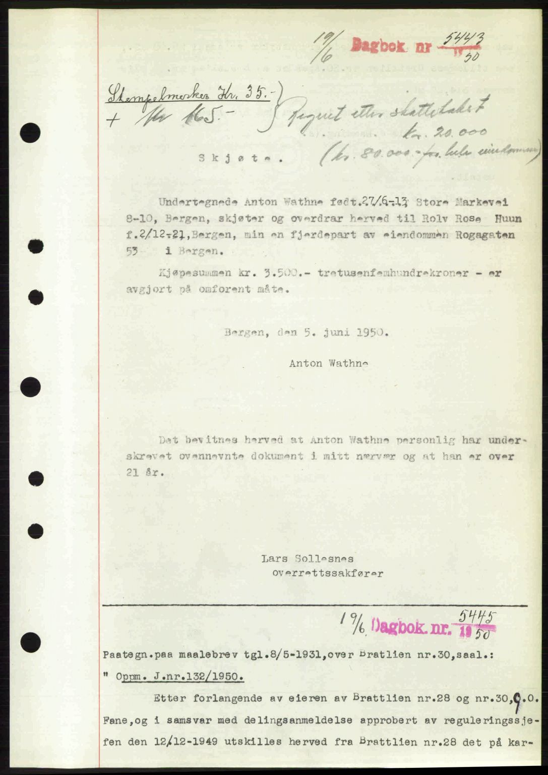 Byfogd og Byskriver i Bergen, AV/SAB-A-3401/03/03Bc/L0033: Mortgage book no. A26-27, 1950-1950, Diary no: : 5443/1950