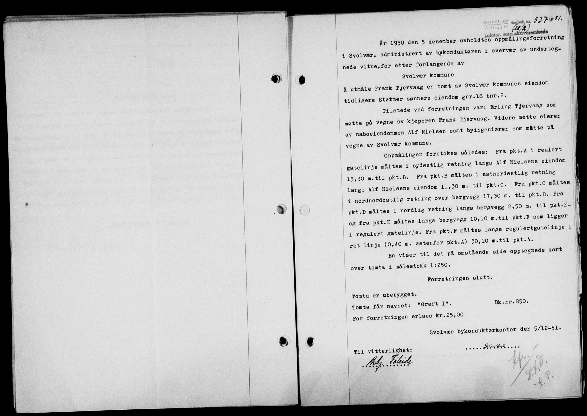 Lofoten sorenskriveri, SAT/A-0017/1/2/2C/L0025a: Mortgage book no. 25a, 1950-1951, Diary no: : 537/1951