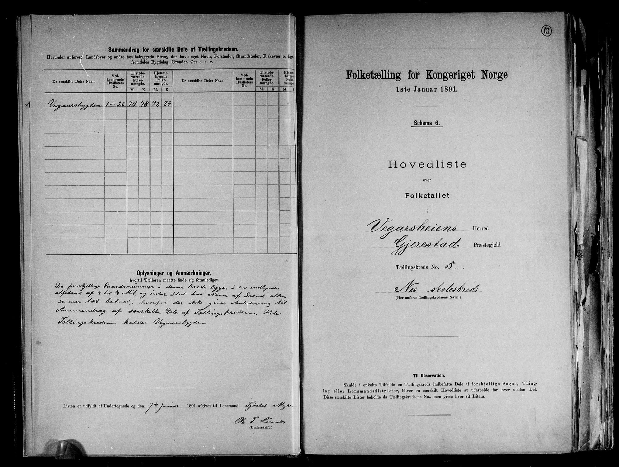 RA, 1891 census for 0912 Vegårshei, 1891, p. 13
