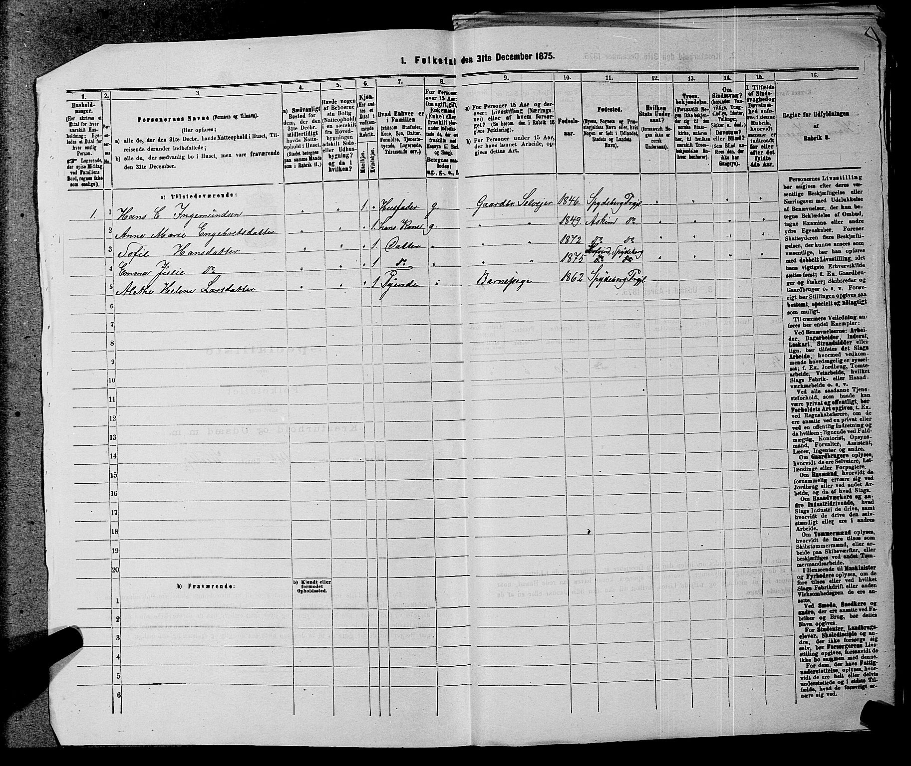 RA, 1875 census for 0123P Spydeberg, 1875, p. 694