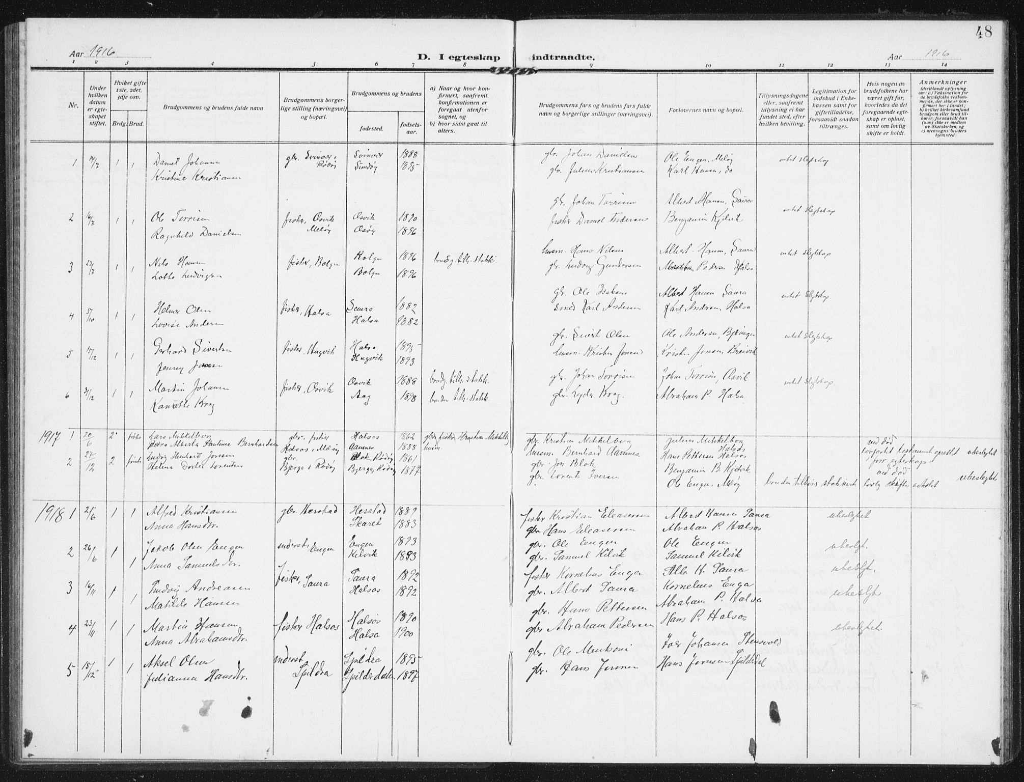 Ministerialprotokoller, klokkerbøker og fødselsregistre - Nordland, AV/SAT-A-1459/843/L0629: Parish register (official) no. 843A04, 1907-1925, p. 48