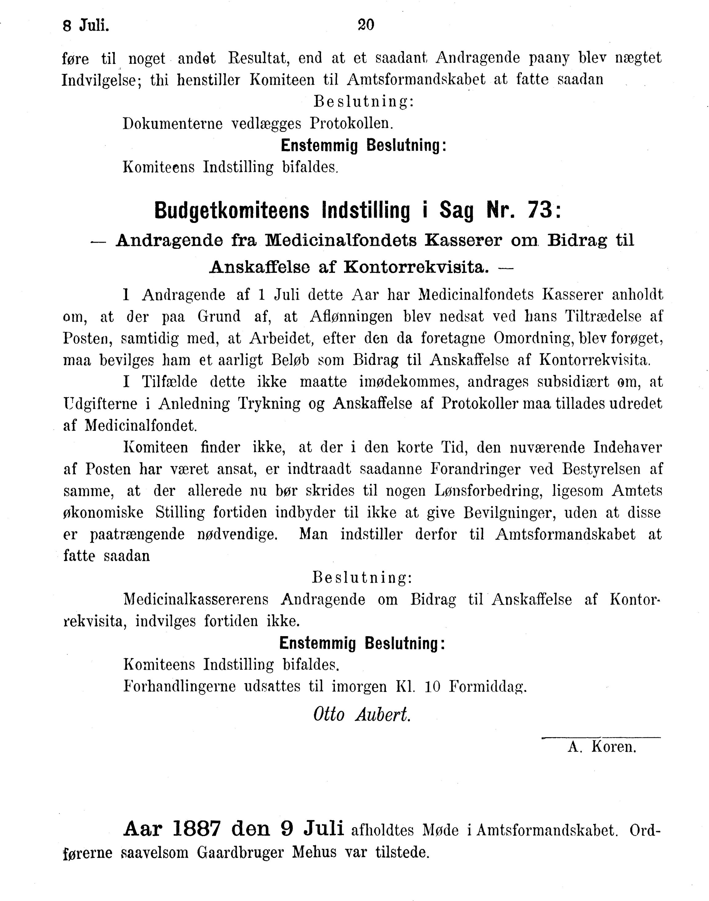 Nordland Fylkeskommune. Fylkestinget, AIN/NFK-17/176/A/Ac/L0015: Fylkestingsforhandlinger 1886-1890, 1886-1890, p. 20