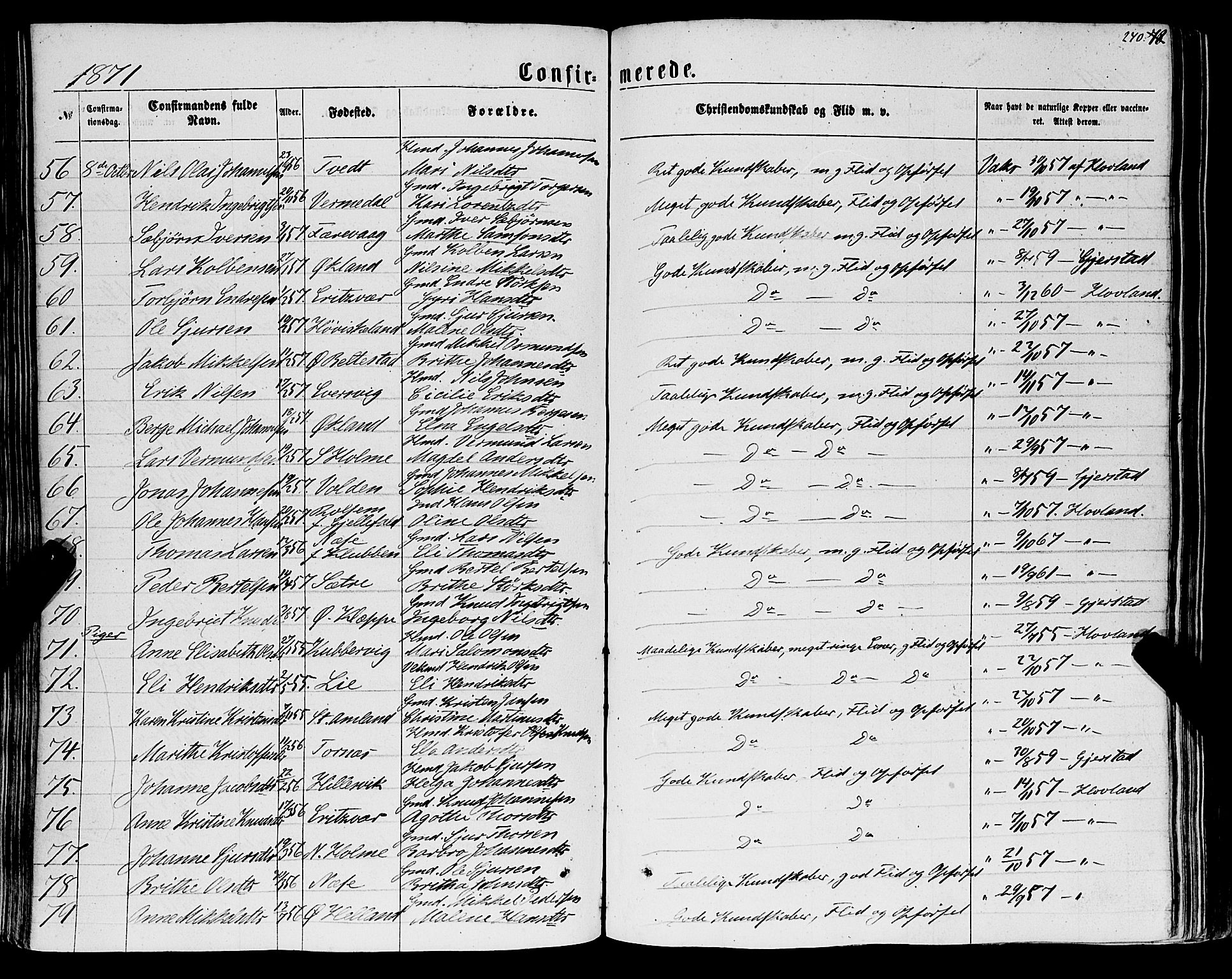 Tysnes sokneprestembete, SAB/A-78601/H/Haa: Parish register (official) no. A 11, 1860-1871, p. 240