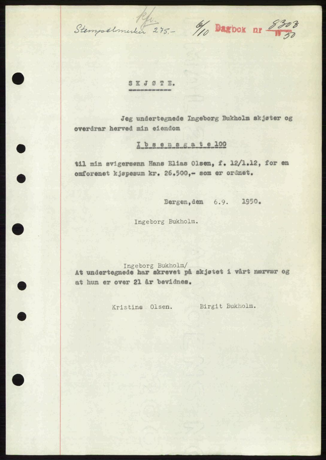 Byfogd og Byskriver i Bergen, SAB/A-3401/03/03Bc/L0034: Mortgage book no. A27-28, 1950-1950, Diary no: : 8303/1950