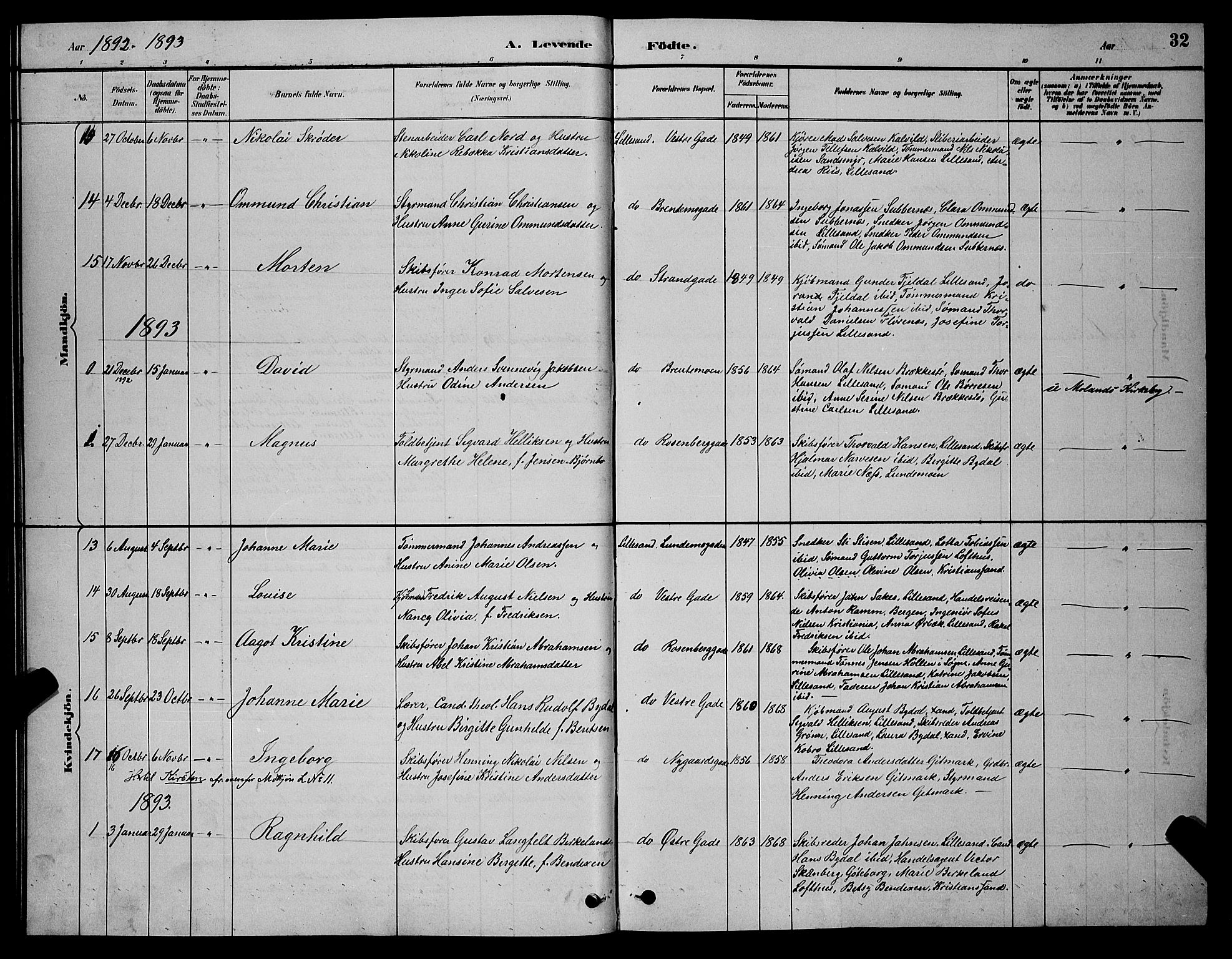 Vestre Moland sokneprestkontor, SAK/1111-0046/F/Fb/Fba/L0001: Parish register (copy) no. B 1, 1884-1903, p. 32