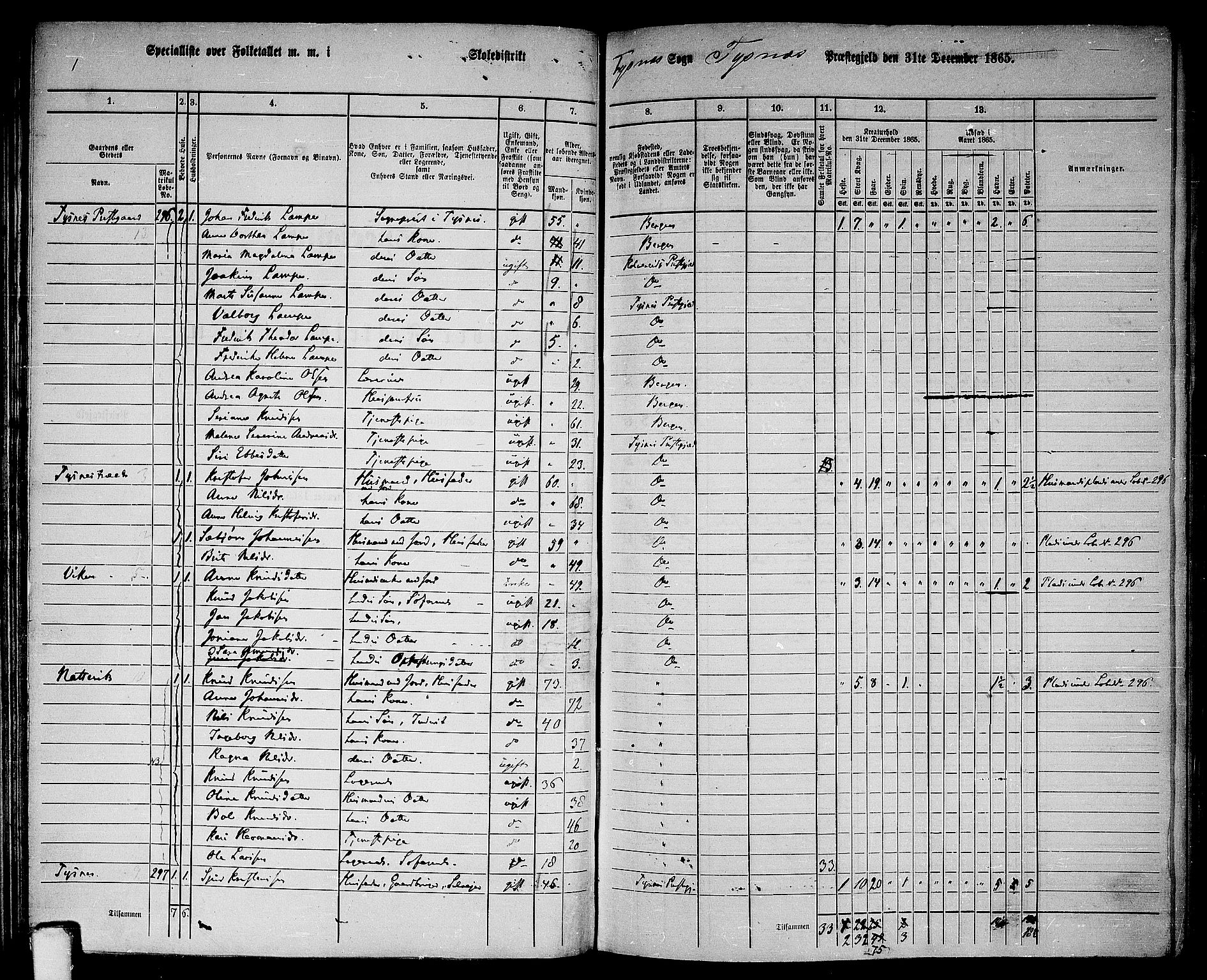 RA, 1865 census for Tysnes, 1865, p. 95