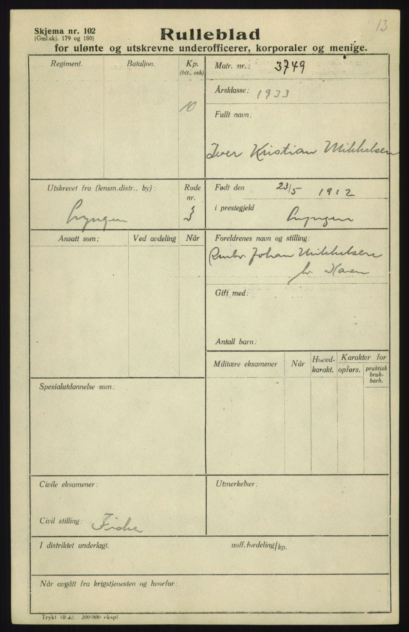 Forsvaret, Troms infanteriregiment nr. 16, AV/RA-RAFA-3146/P/Pa/L0017: Rulleblad for regimentets menige mannskaper, årsklasse 1933, 1933, p. 809