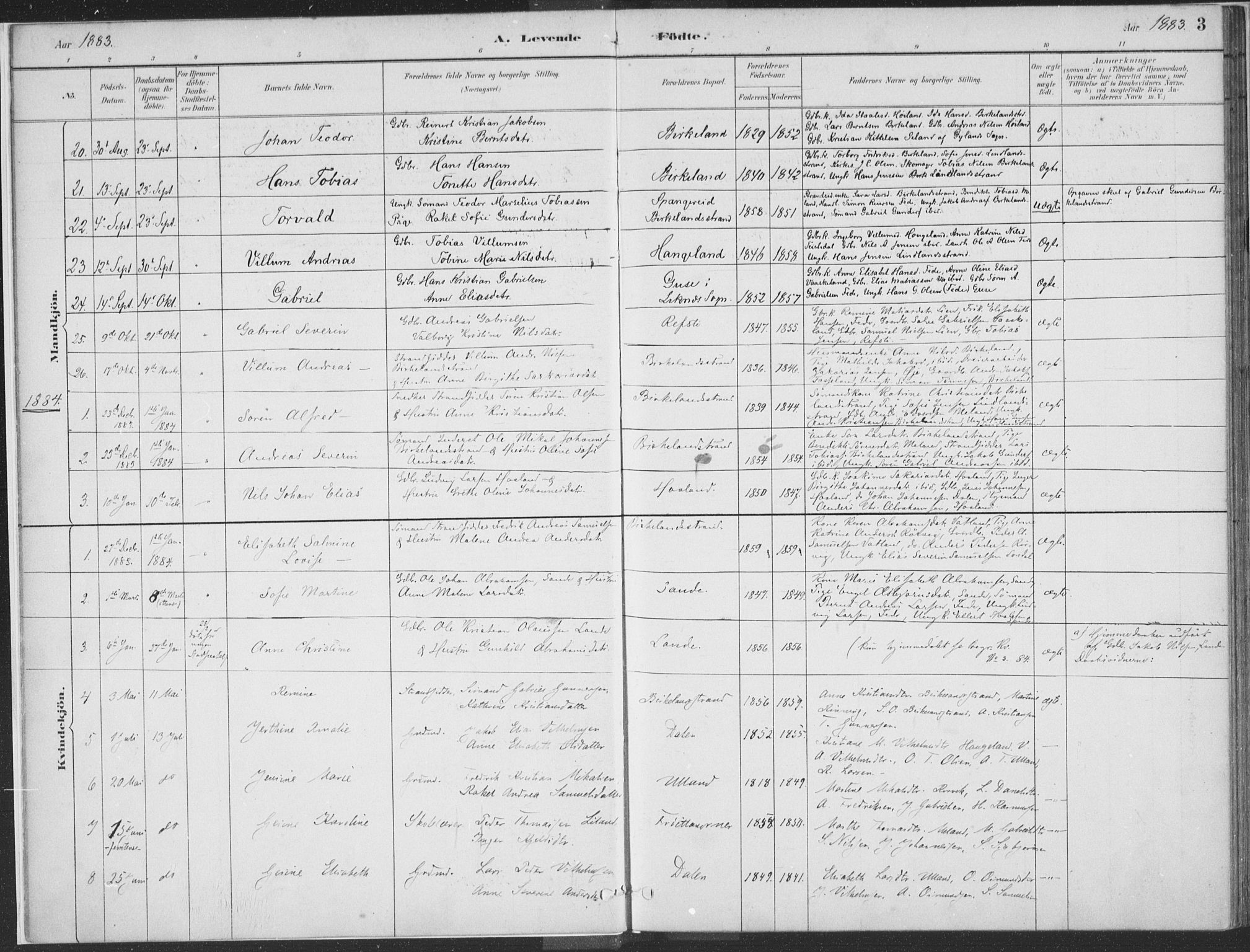 Kvinesdal sokneprestkontor, SAK/1111-0026/F/Fa/Faa/L0004: Parish register (official) no. A 4, 1882-1897, p. 3