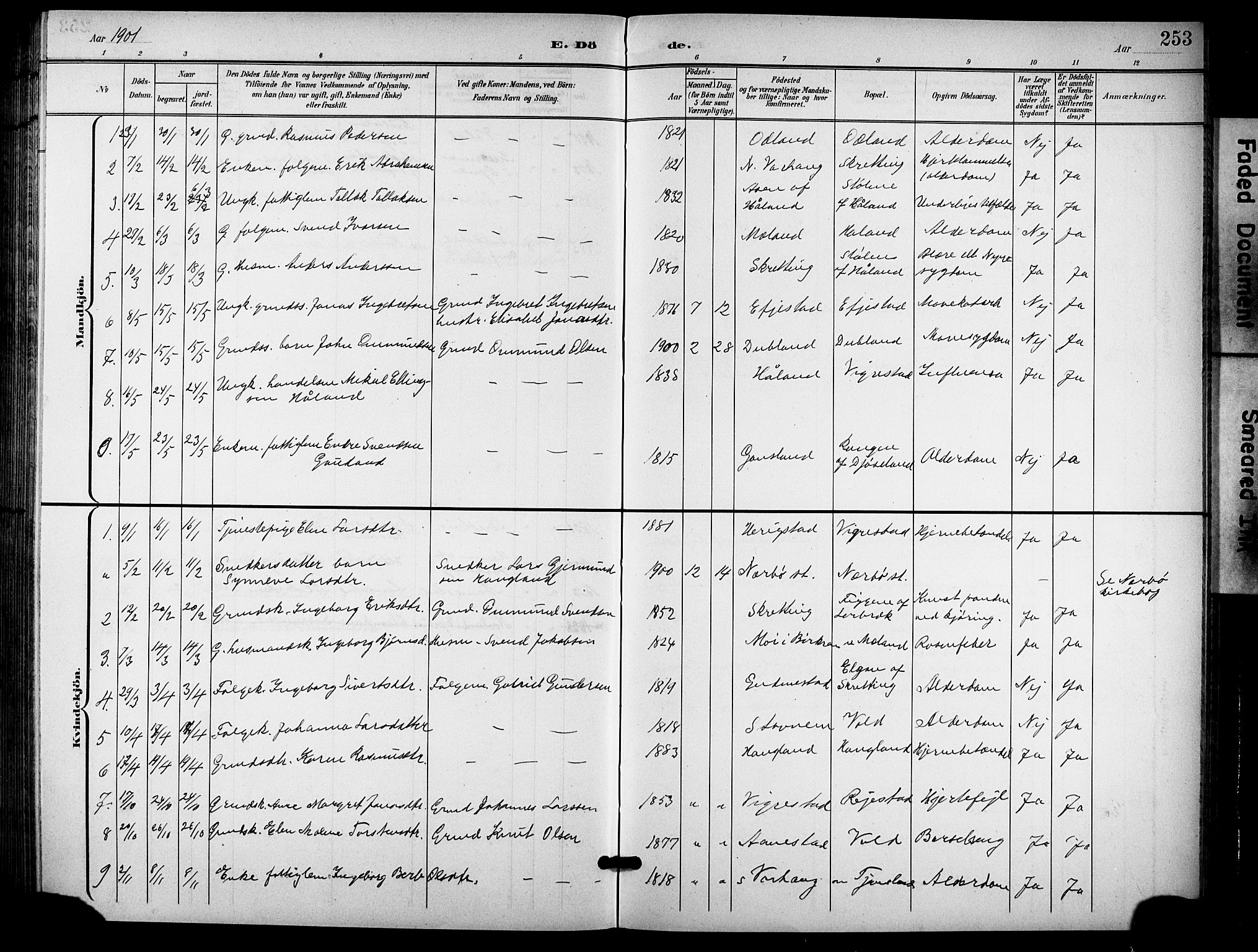 Hå sokneprestkontor, AV/SAST-A-101801/001/30BB/L0006: Parish register (copy) no. B 6, 1900-1924, p. 253