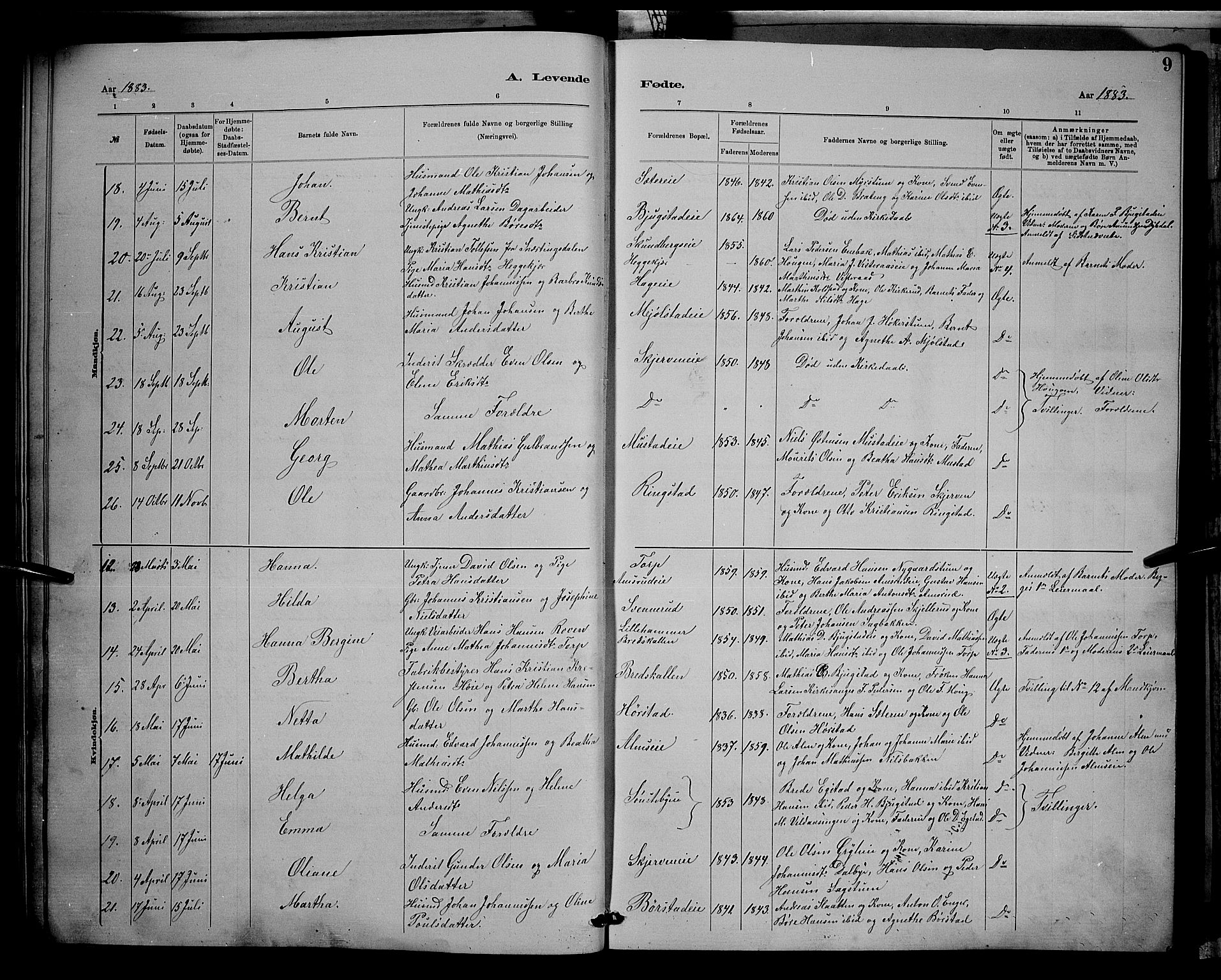 Vardal prestekontor, SAH/PREST-100/H/Ha/Hab/L0008: Parish register (copy) no. 8, 1881-1898, p. 9