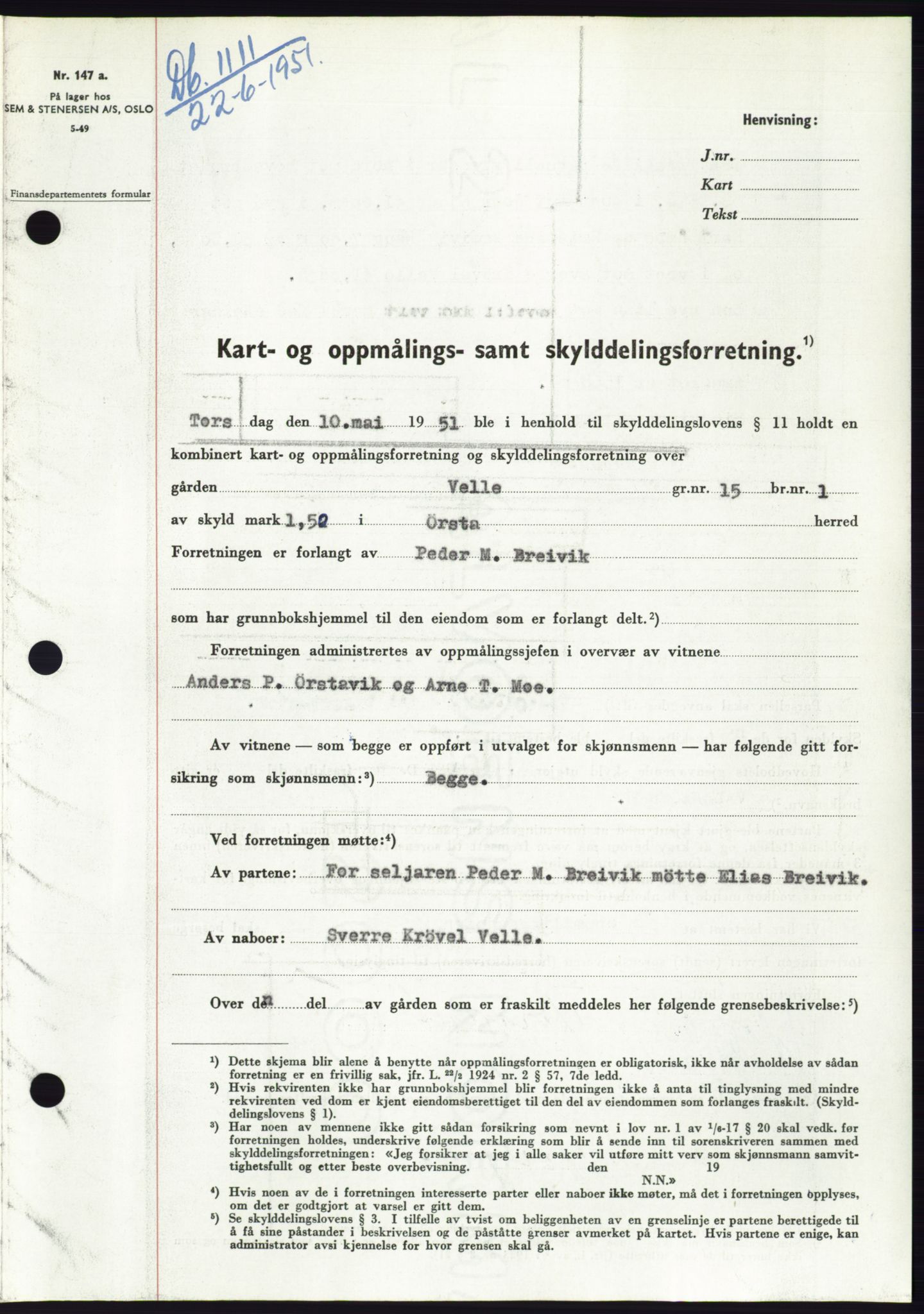 Søre Sunnmøre sorenskriveri, AV/SAT-A-4122/1/2/2C/L0089: Mortgage book no. 15A, 1951-1951, Diary no: : 1111/1951