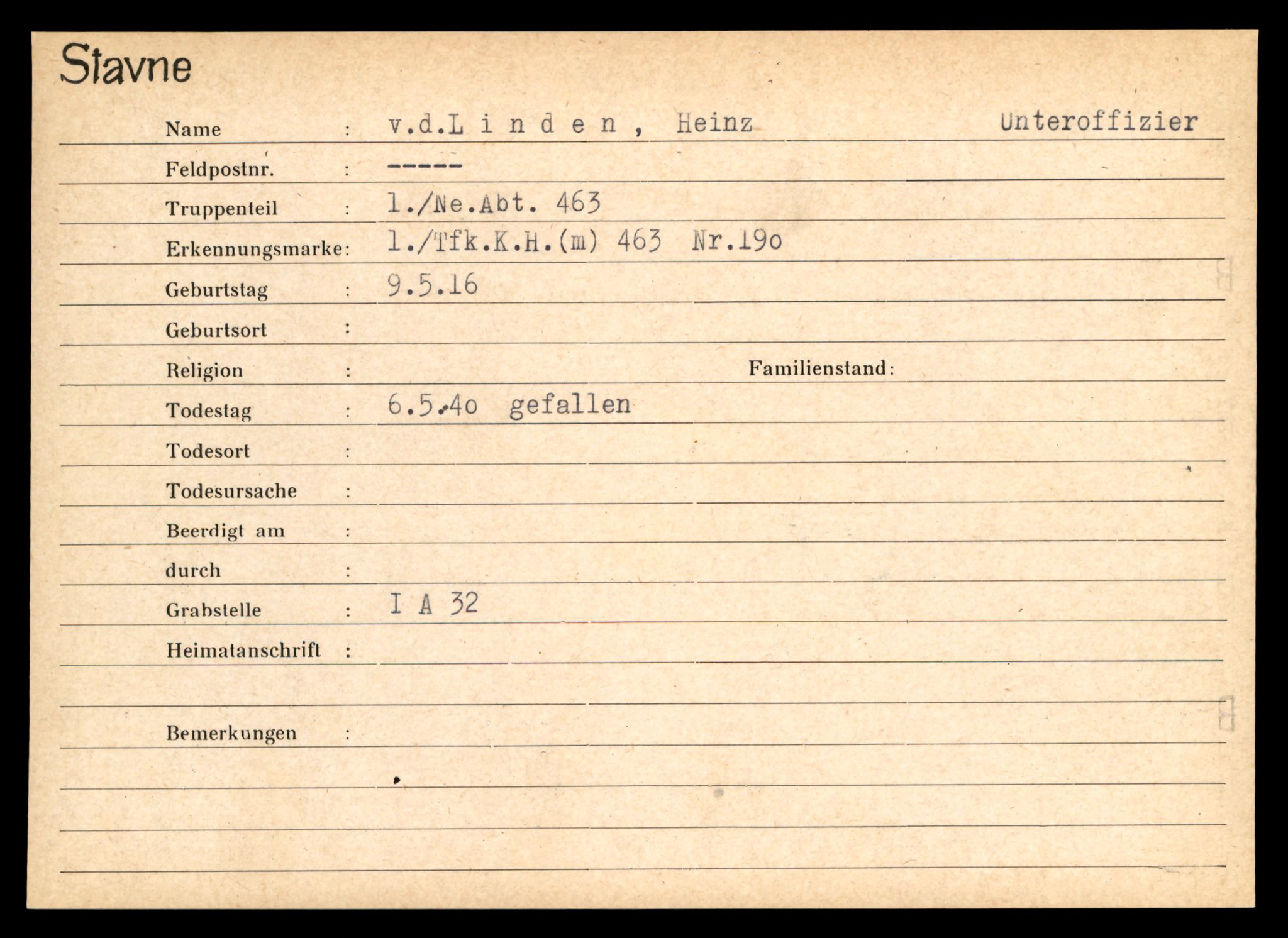 Distriktskontoret for krigsgraver, SAT/A-5030/E/L0003: Kasett/kartotek over tysk Krigskirkegård Stavne, 1945, p. 1433