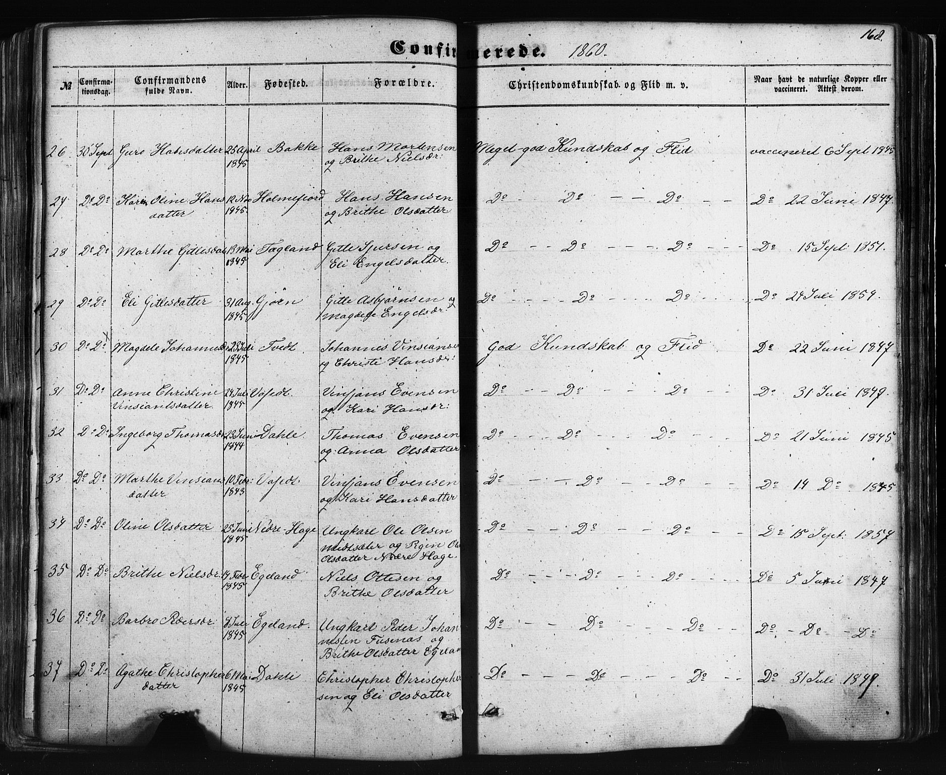 Fusa sokneprestembete, AV/SAB-A-75401/H/Haa: Parish register (official) no. A 1I, 1855-1879, p. 168