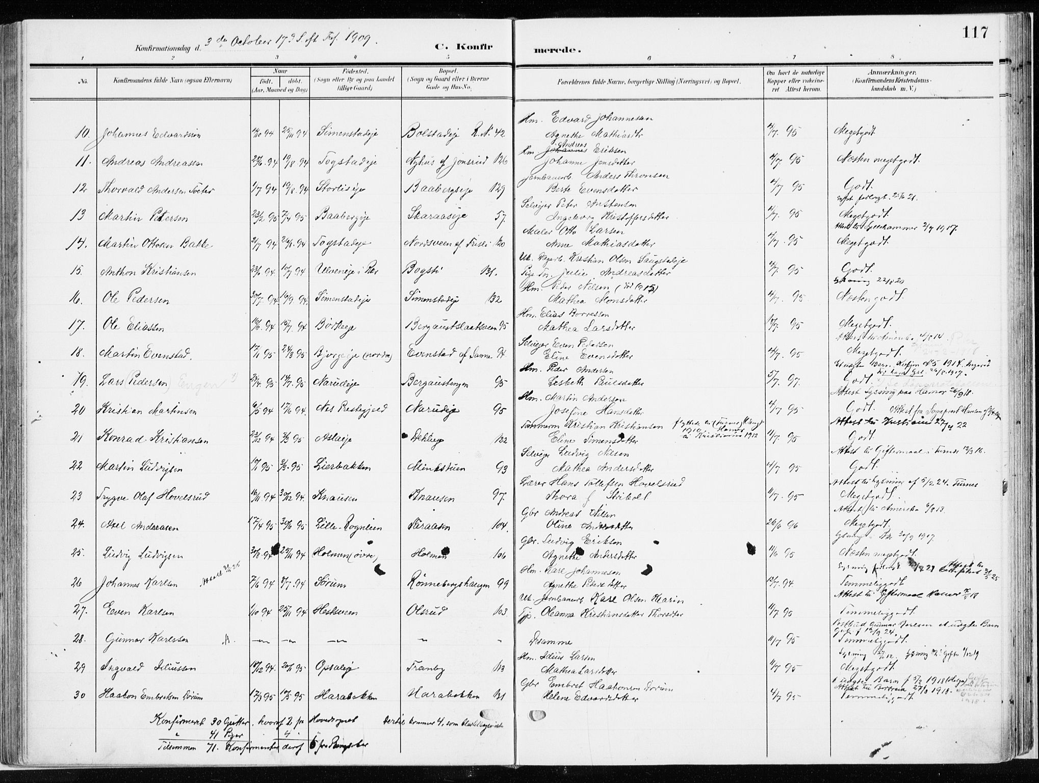Ringsaker prestekontor, SAH/PREST-014/K/Ka/L0019: Parish register (official) no. 19, 1905-1920, p. 117