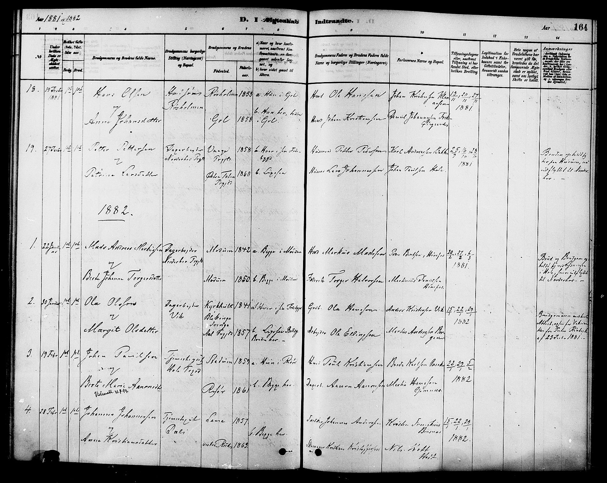 Hole kirkebøker, SAKO/A-228/F/Fa/L0008: Parish register (official) no. I 8, 1878-1891, p. 164