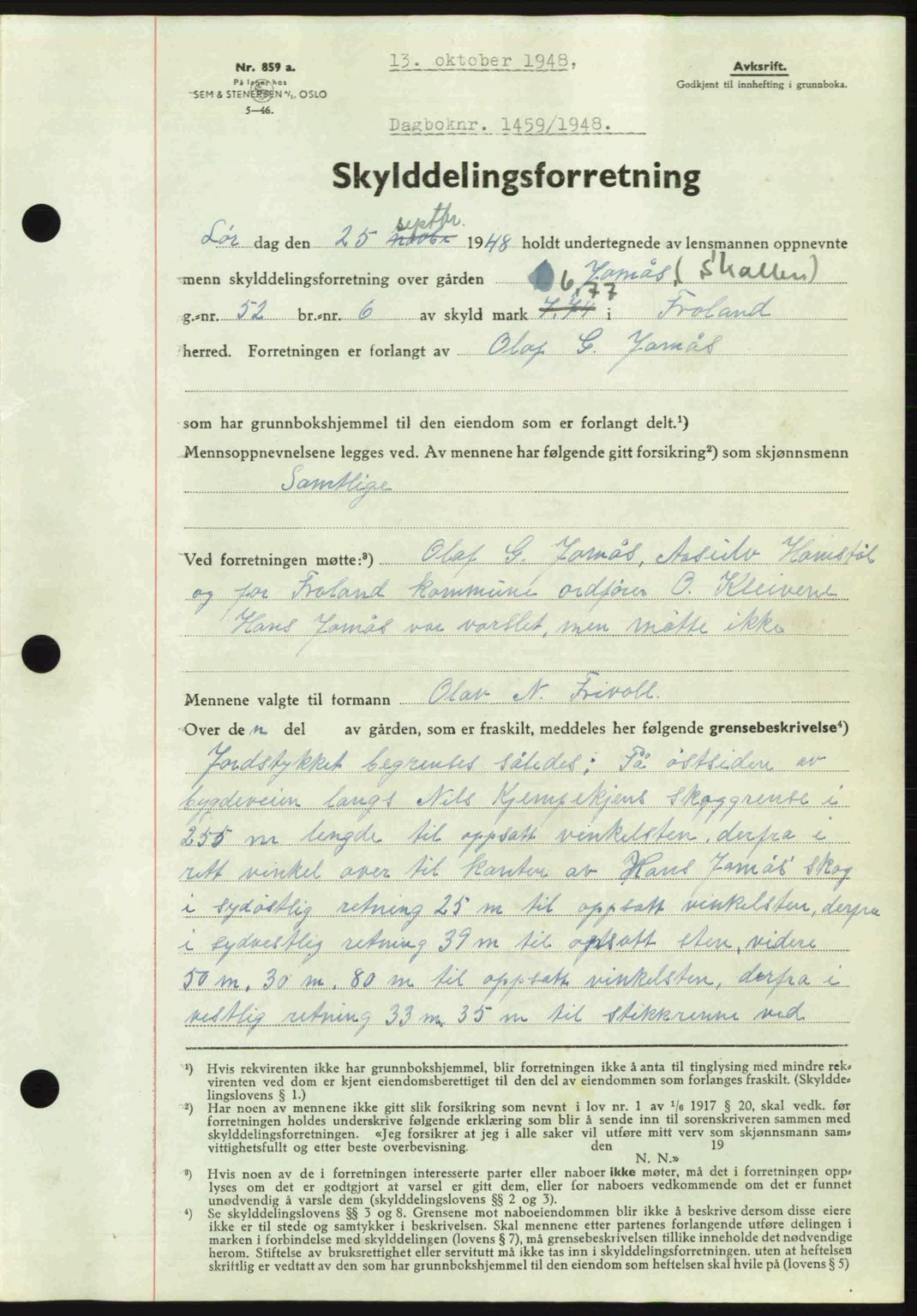 Nedenes sorenskriveri, SAK/1221-0006/G/Gb/Gba/L0059: Mortgage book no. A11, 1948-1948, Diary no: : 1459/1948
