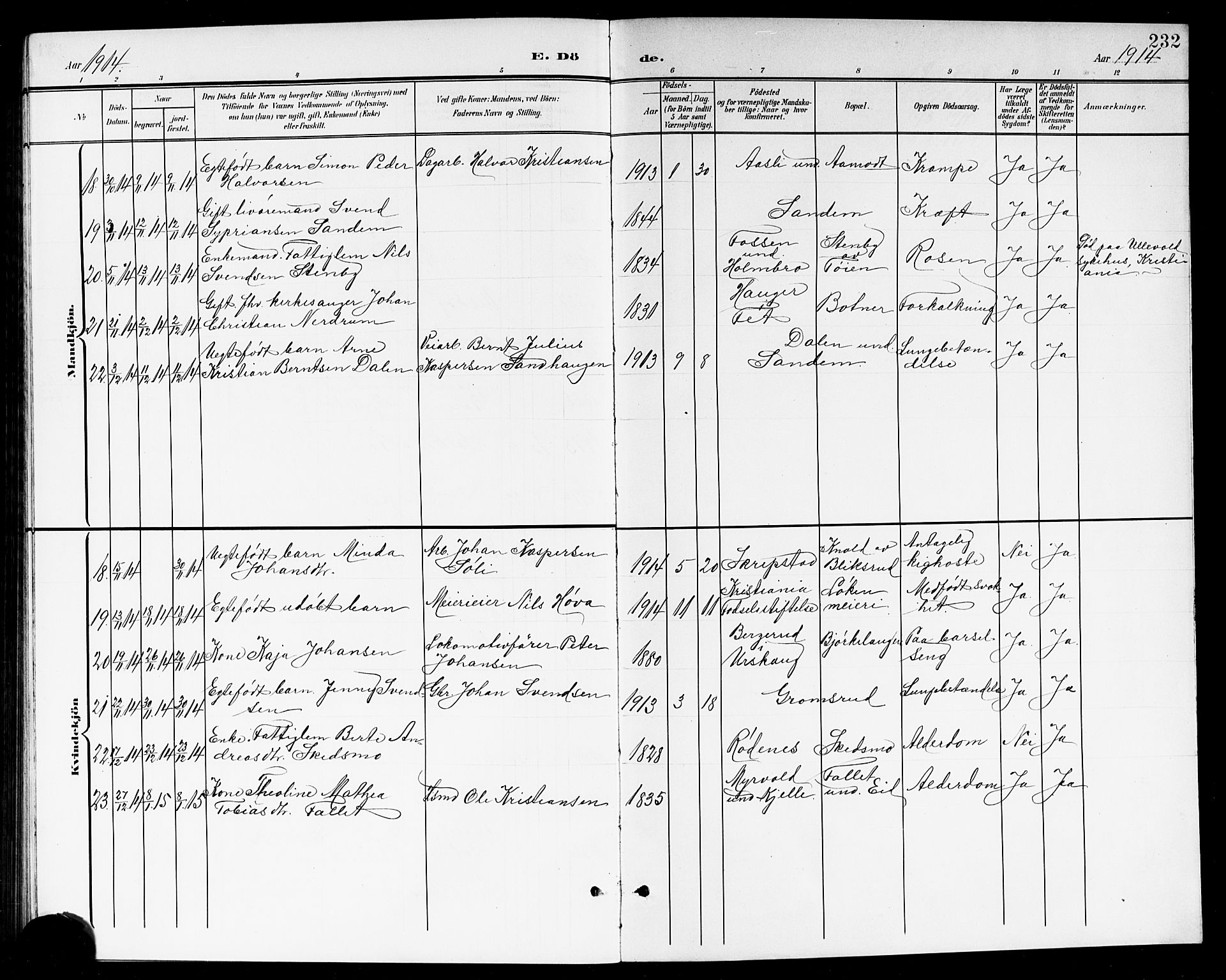 Høland prestekontor Kirkebøker, SAO/A-10346a/G/Ga/L0007: Parish register (copy) no. I 7, 1902-1914, p. 232