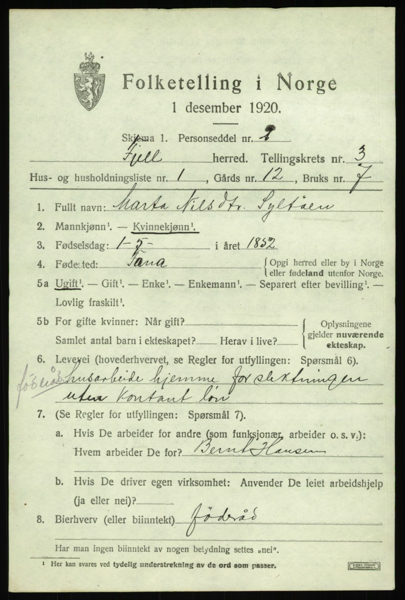 SAB, 1920 census for Fjell, 1920, p. 2960