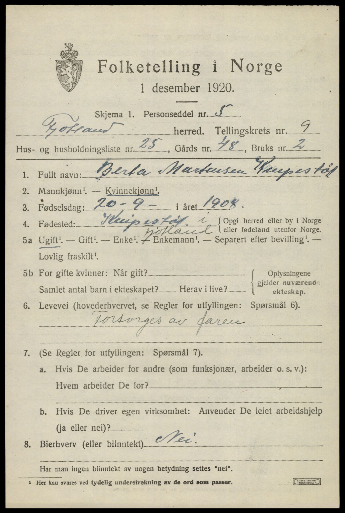 SAK, 1920 census for Fjotland, 1920, p. 2482