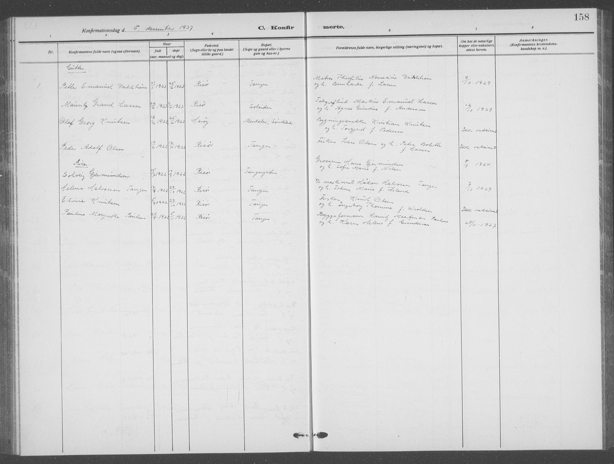 Risør sokneprestkontor, AV/SAK-1111-0035/F/Fb/L0009: Parish register (copy) no. B 9, 1922-1939, p. 158