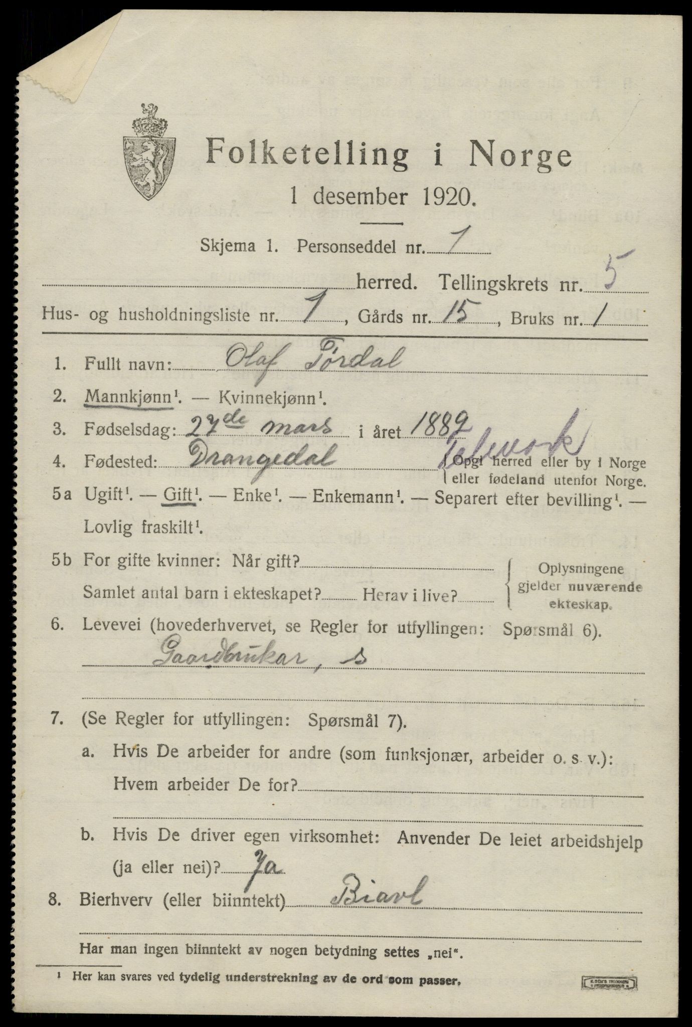 SAK, 1920 census for Vegårshei, 1920, p. 1902