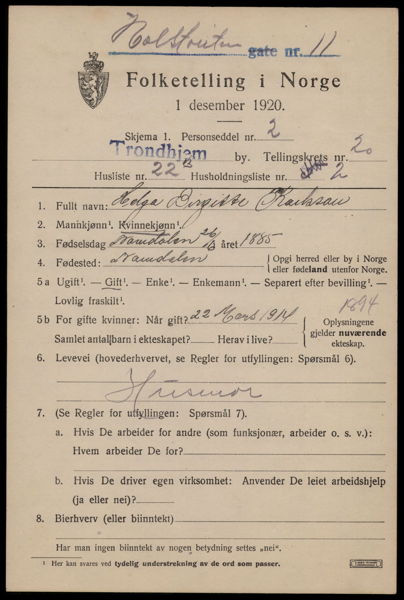 SAT, 1920 census for Trondheim, 1920, p. 60124
