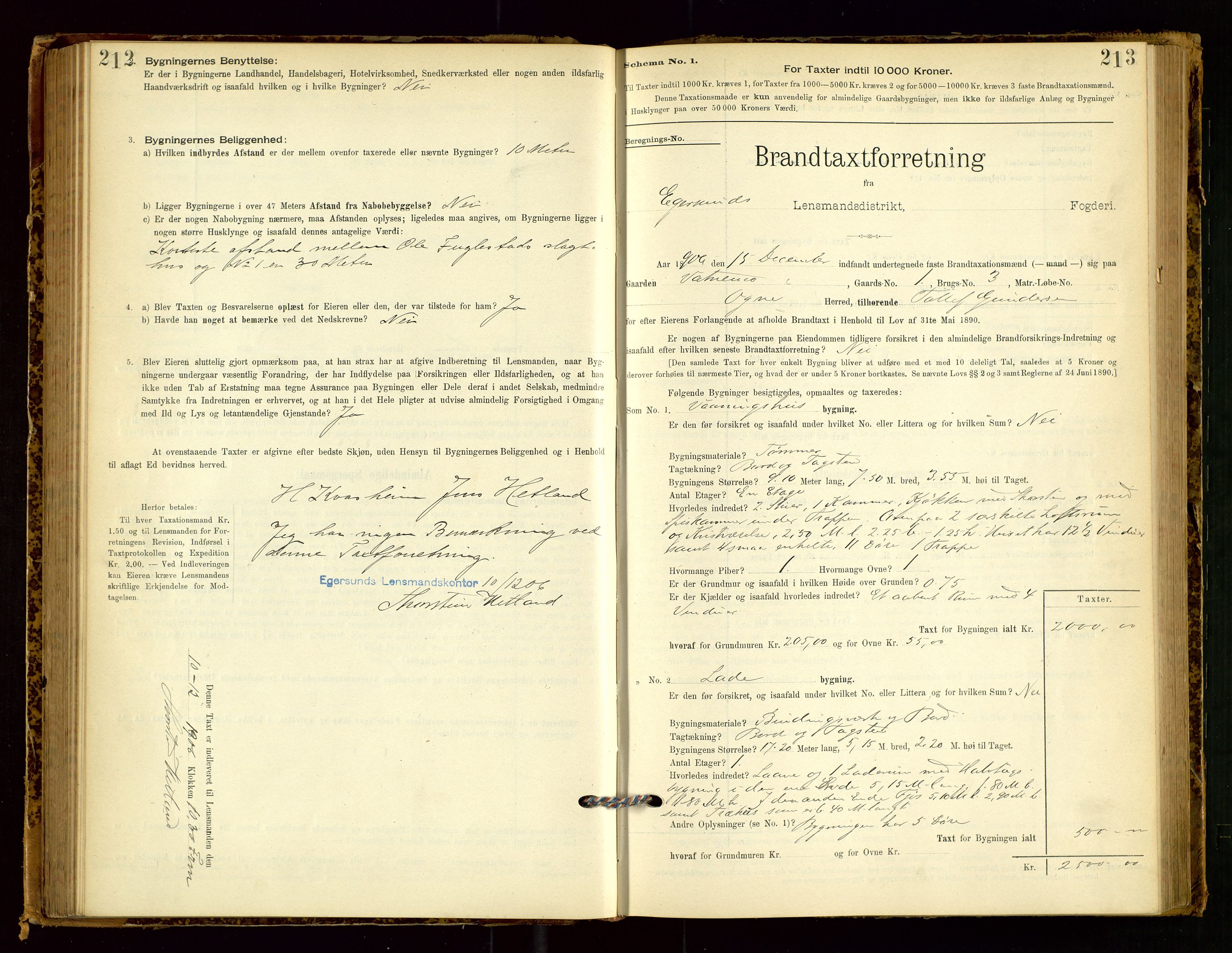 Eigersund lensmannskontor, SAST/A-100171/Gob/L0001: Skjemaprotokoll, 1894-1909, p. 212-213