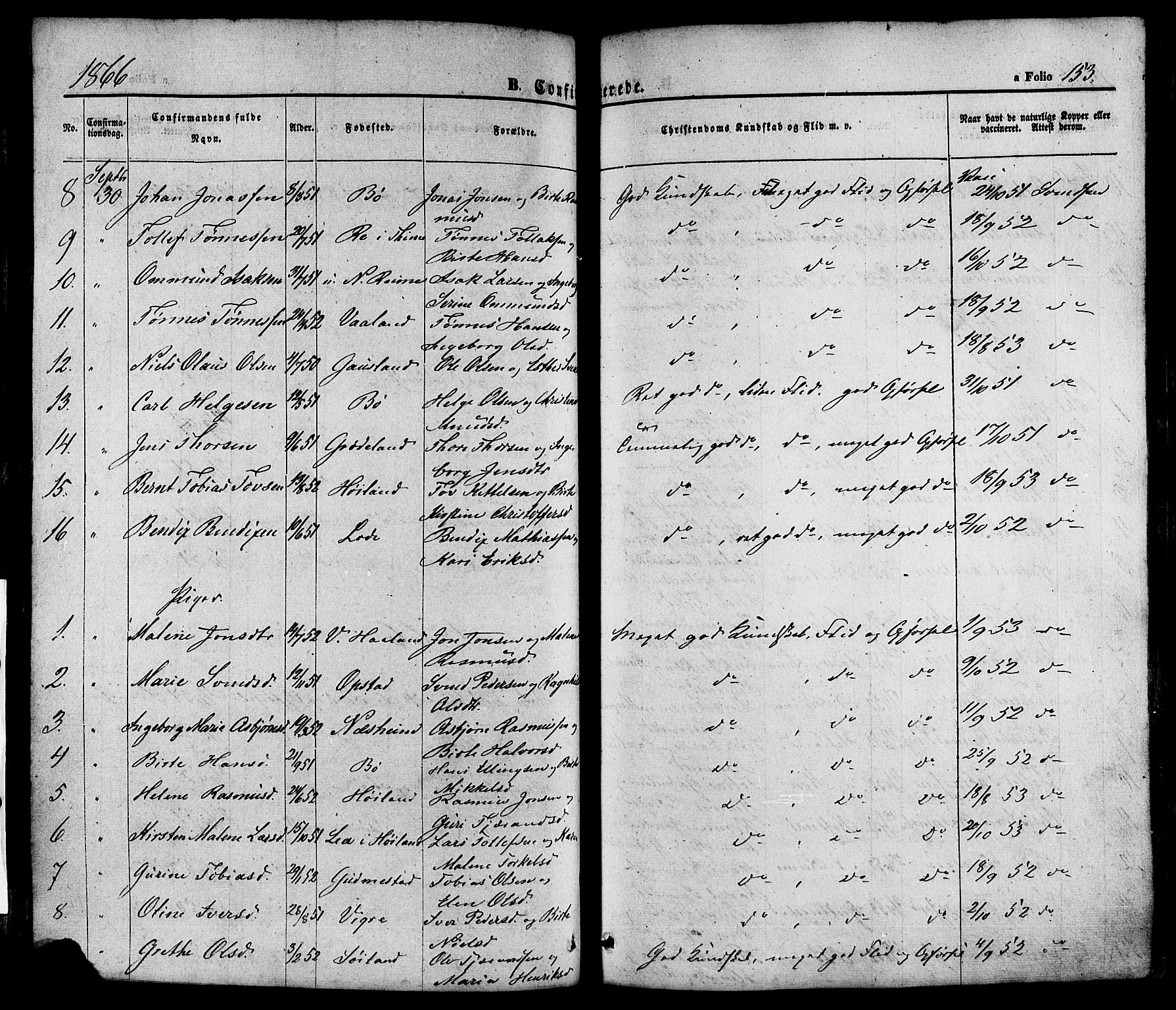 Hå sokneprestkontor, AV/SAST-A-101801/001/30BA/L0008: Parish register (official) no. A 7, 1853-1878, p. 153