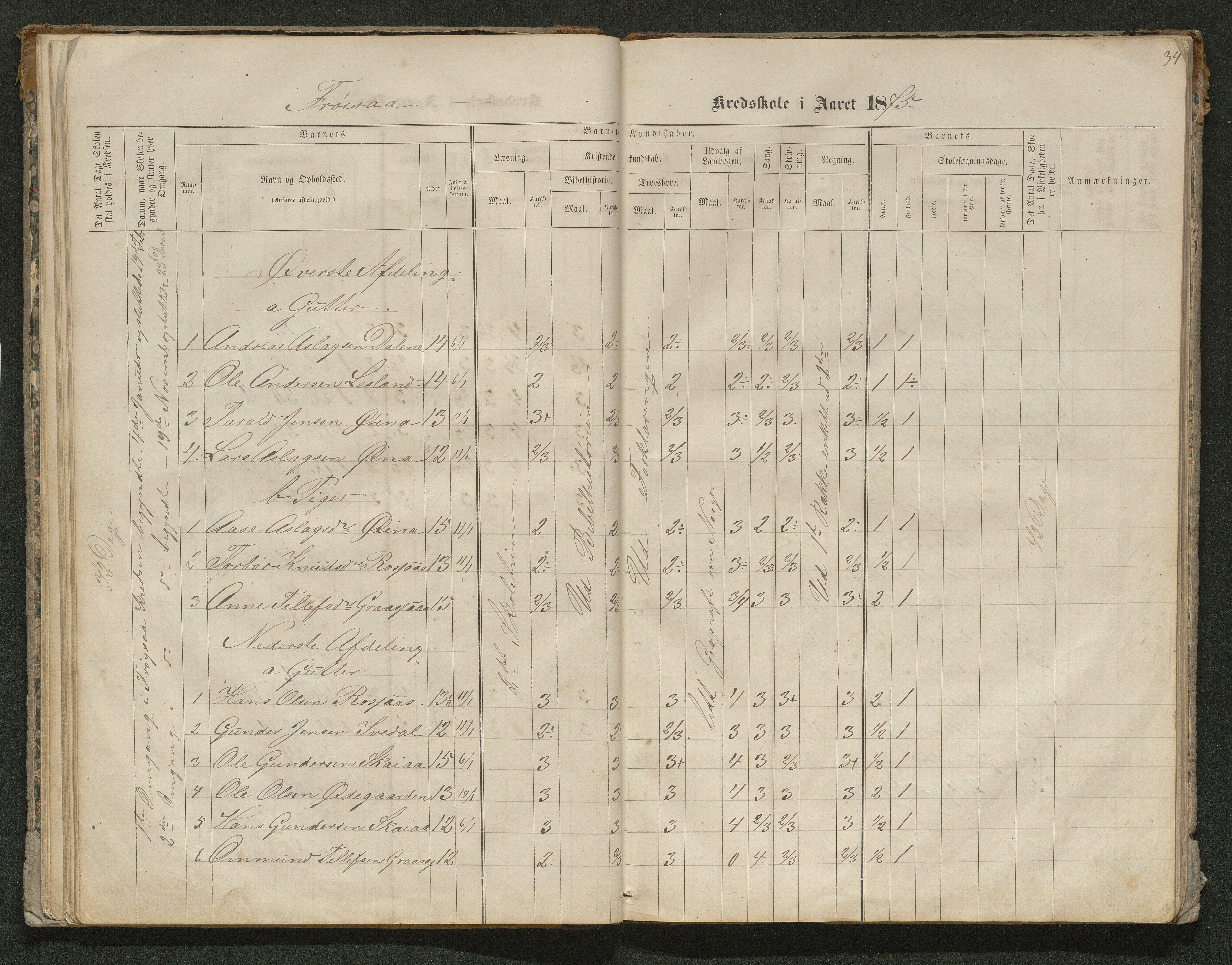 Iveland kommune, De enkelte kretsene/Skolene, AAKS/KA0935-550/A_10/L0005: Skoleprotokoll for Frøyså og Mykland krets, 1864-1881, p. 34