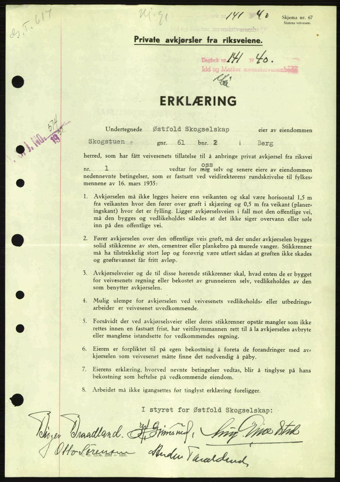 Idd og Marker sorenskriveri, AV/SAO-A-10283/G/Gb/Gbc/L0002: Mortgage book no. B4-9a, 1939-1945, Diary no: : 141/1940