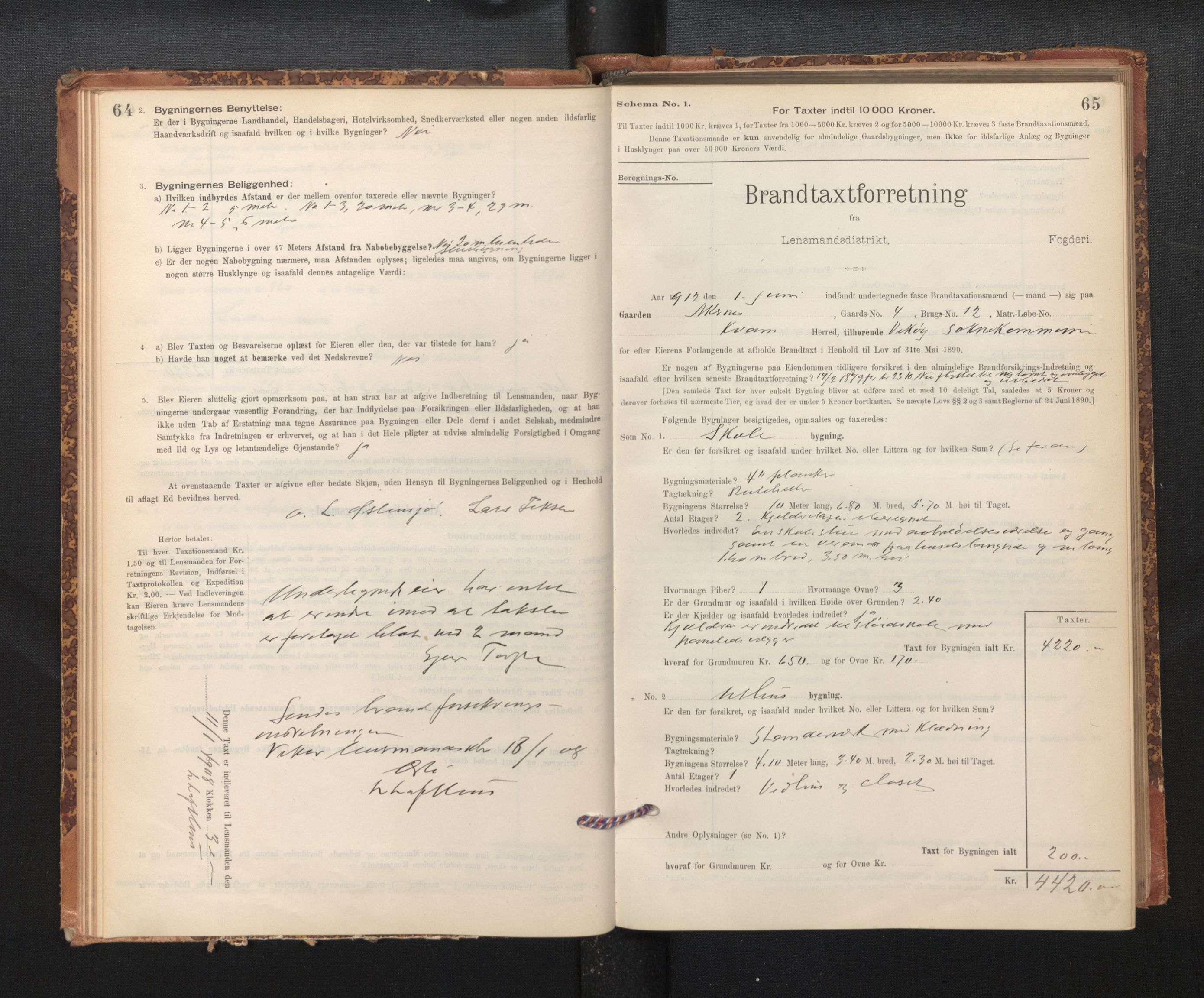 Lensmannen i Kvam, SAB/A-33201/0012/L0005: Branntakstprotokoll, skjematakst, 1894-1913, p. 64-65