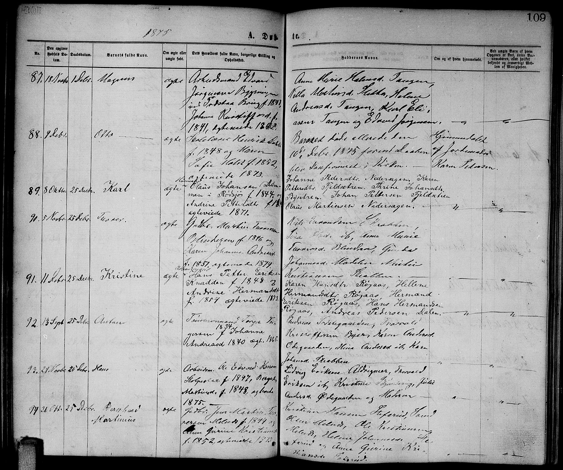 Enebakk prestekontor Kirkebøker, SAO/A-10171c/G/Ga/L0005: Parish register (copy) no. I 5, 1867-1888, p. 109
