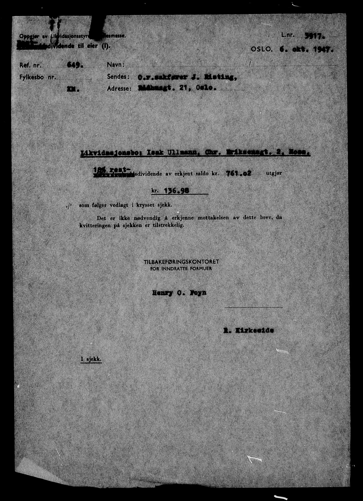 Justisdepartementet, Tilbakeføringskontoret for inndratte formuer, AV/RA-S-1564/H/Hc/Hcd/L1008: --, 1945-1947, p. 367