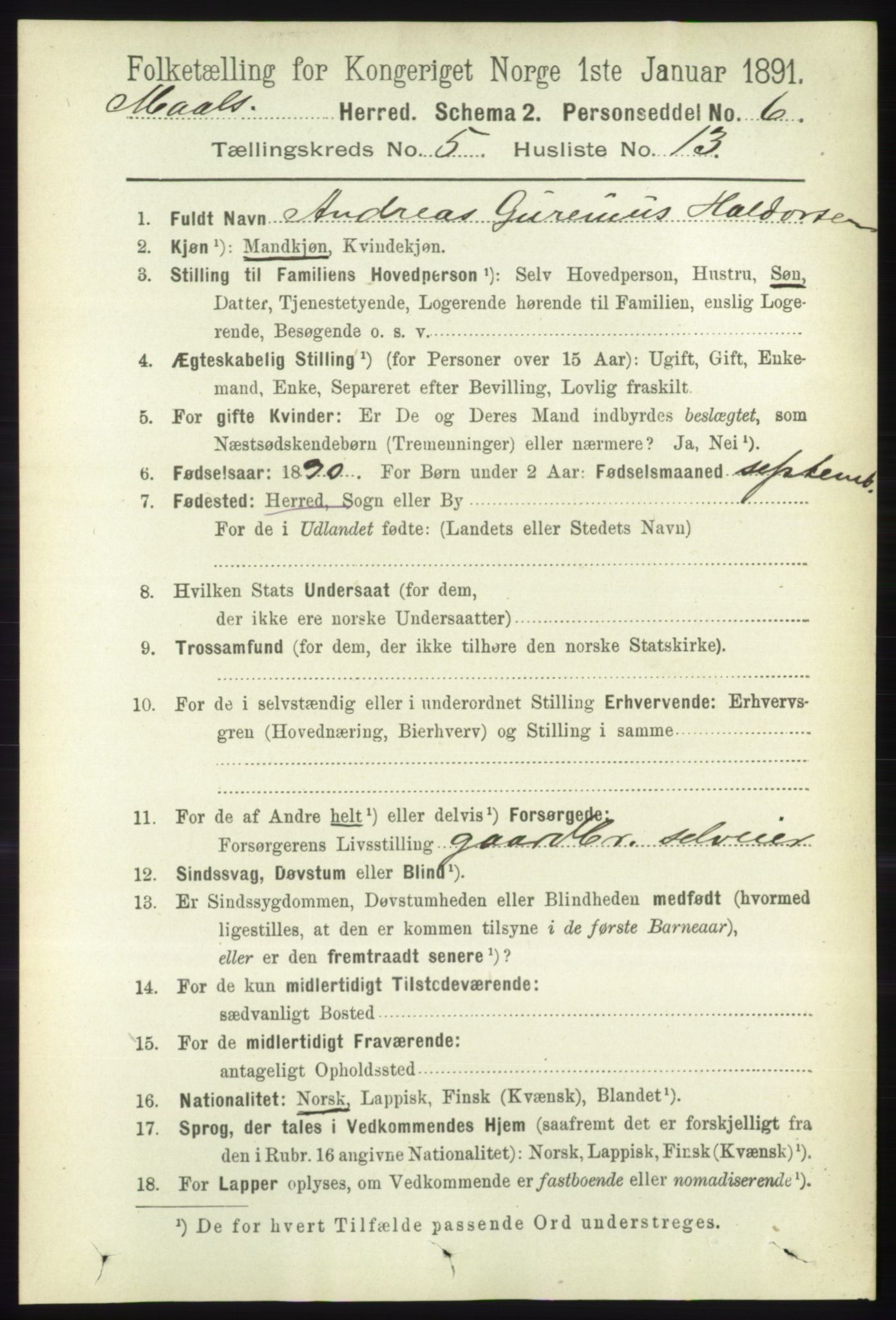RA, 1891 census for 1924 Målselv, 1891, p. 1718