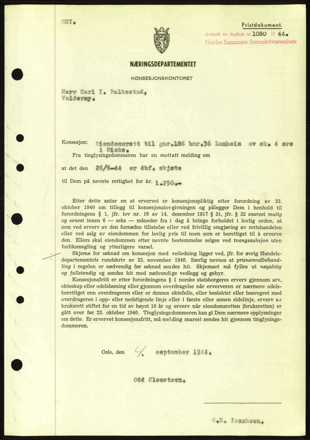 Nordre Sunnmøre sorenskriveri, SAT/A-0006/1/2/2C/2Ca: Mortgage book no. B6-14 a, 1942-1945, Diary no: : 1080/1944