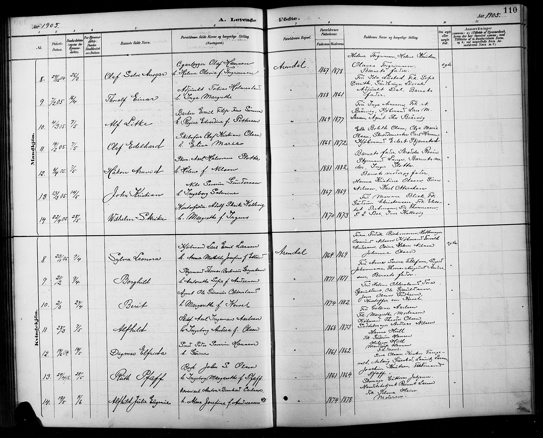 Arendal sokneprestkontor, Trefoldighet, SAK/1111-0040/F/Fb/L0006: Parish register (copy) no. B 6, 1889-1916, p. 110