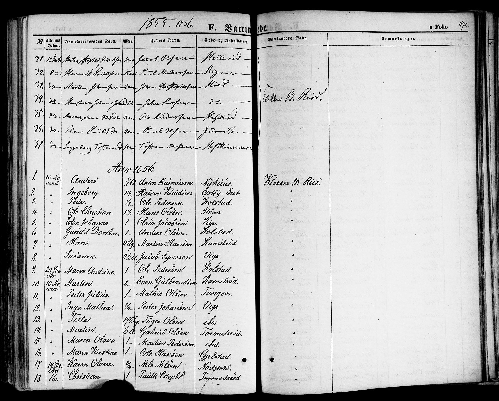 Hof kirkebøker, SAKO/A-64/F/Fa/L0006: Parish register (official) no. I 6, 1851-1877, p. 476