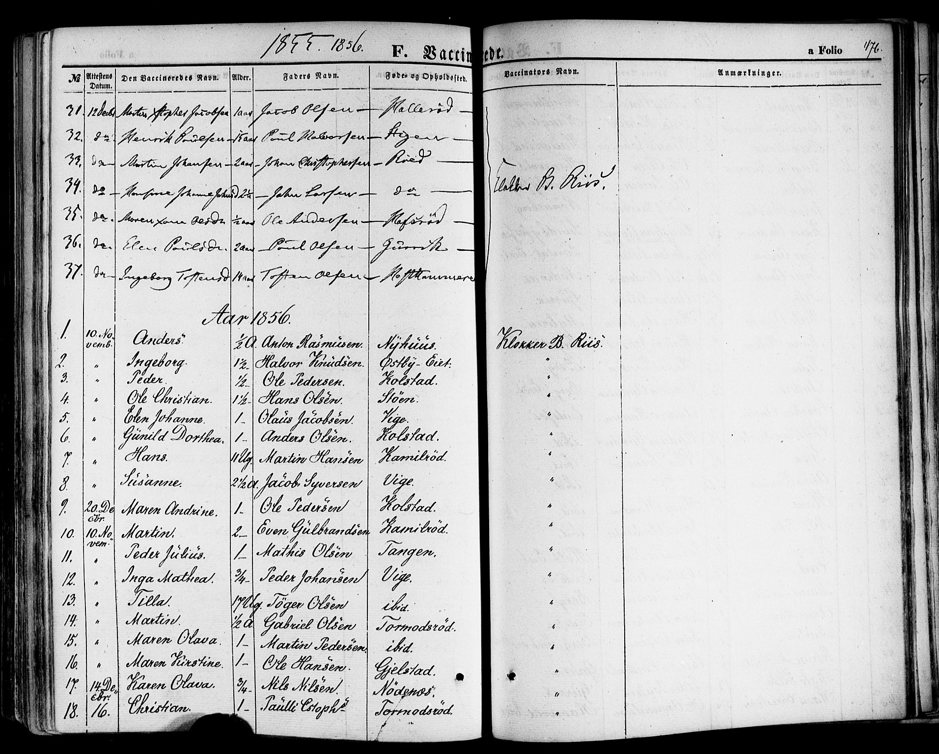 Hof kirkebøker, AV/SAKO-A-64/F/Fa/L0006: Parish register (official) no. I 6, 1851-1877, p. 476