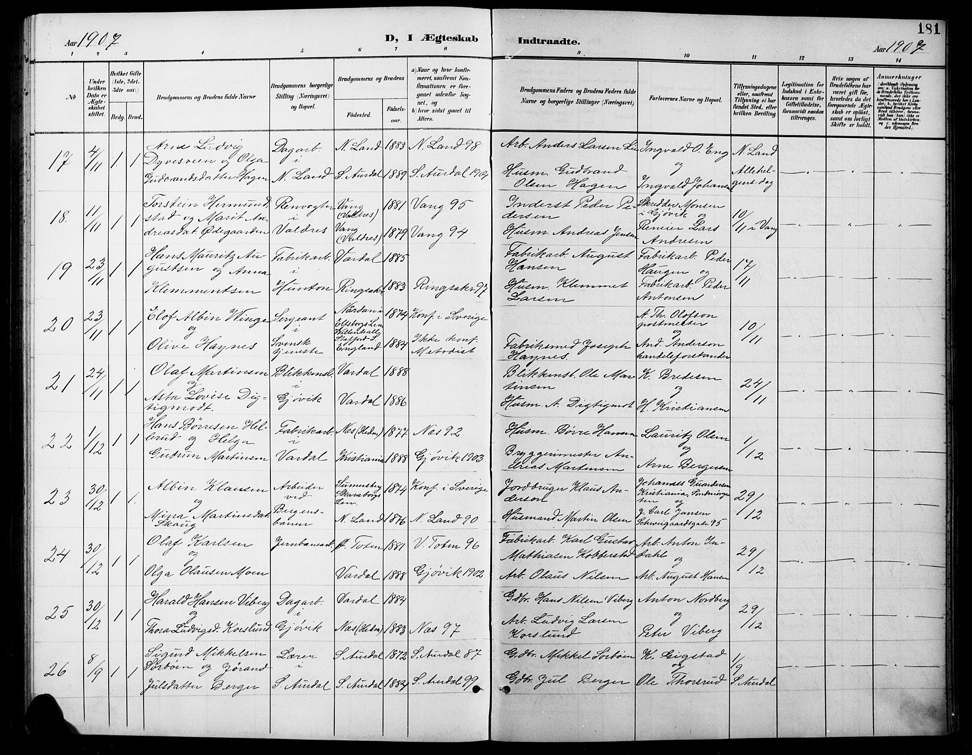 Vardal prestekontor, SAH/PREST-100/H/Ha/Hab/L0012: Parish register (copy) no. 12, 1902-1911, p. 181