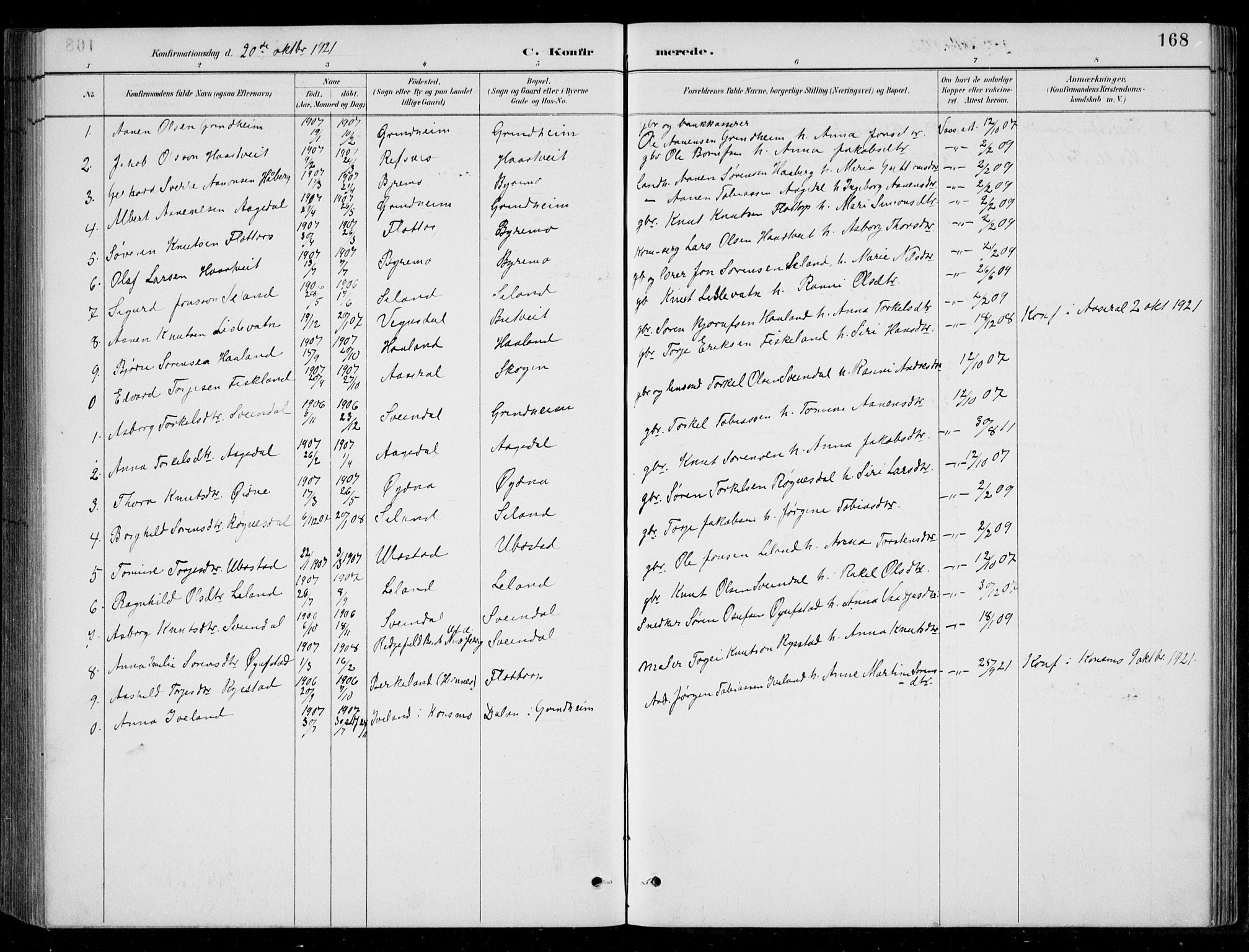 Bjelland sokneprestkontor, SAK/1111-0005/F/Fb/Fbc/L0003: Parish register (copy) no. B 3, 1887-1924, p. 168